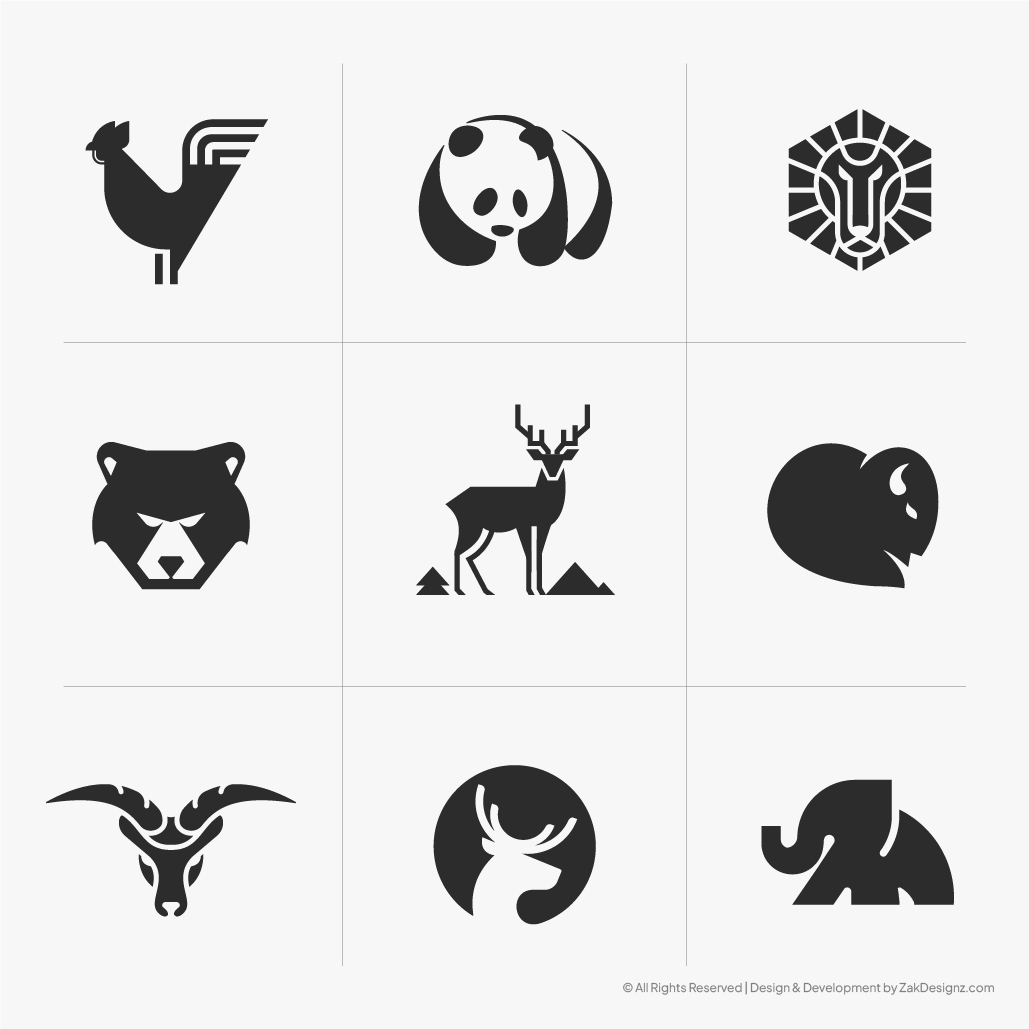 Minimalist animal logo design portfolio by ZakDesignz | rooster, panda, bear, deer, bison, elephant logos