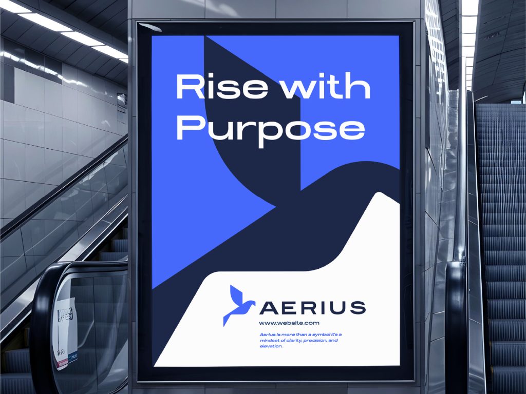 Aerius brand identity design poster on mall escalator signage