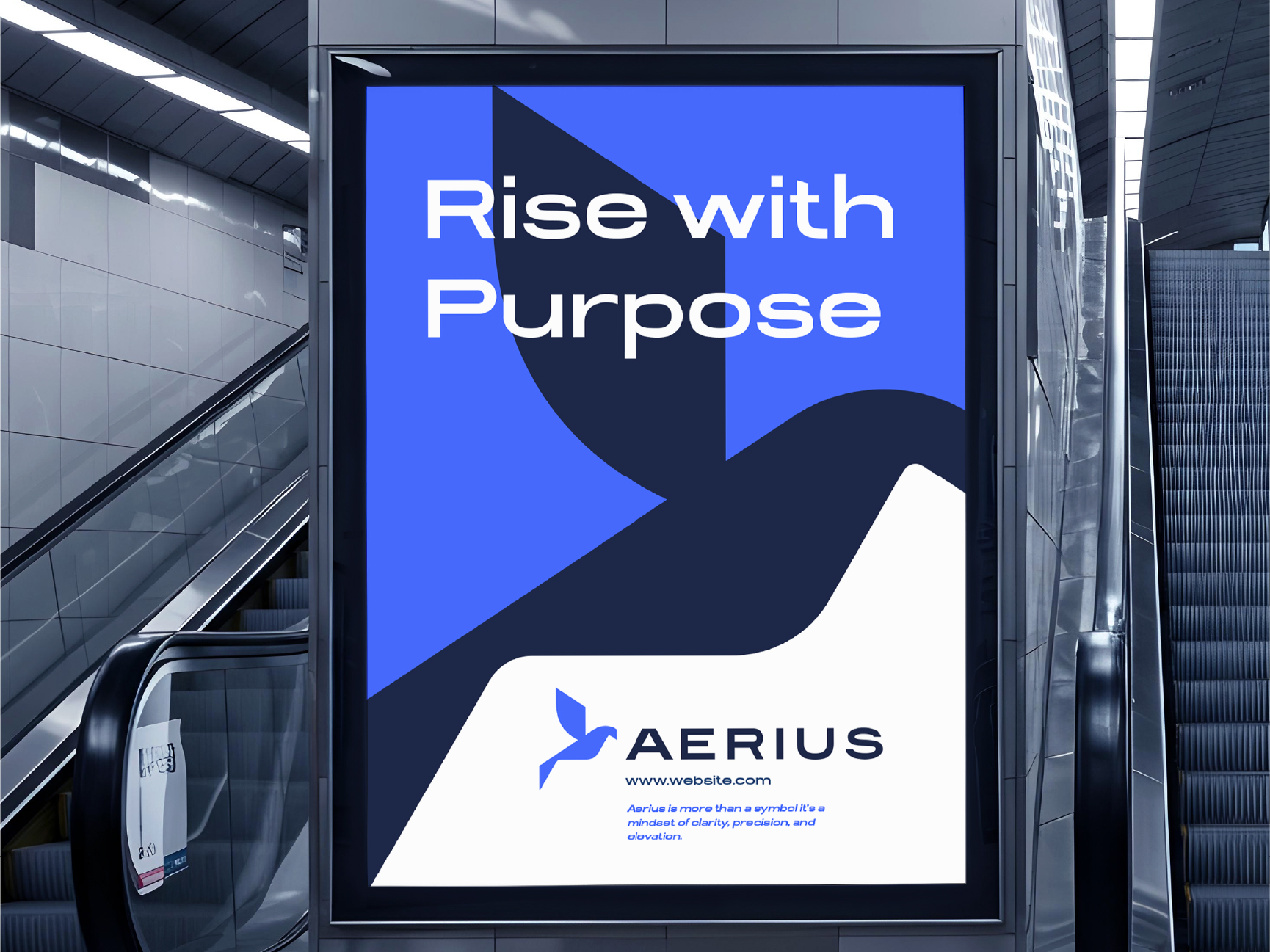 Aerius brand identity design poster on mall escalator signage