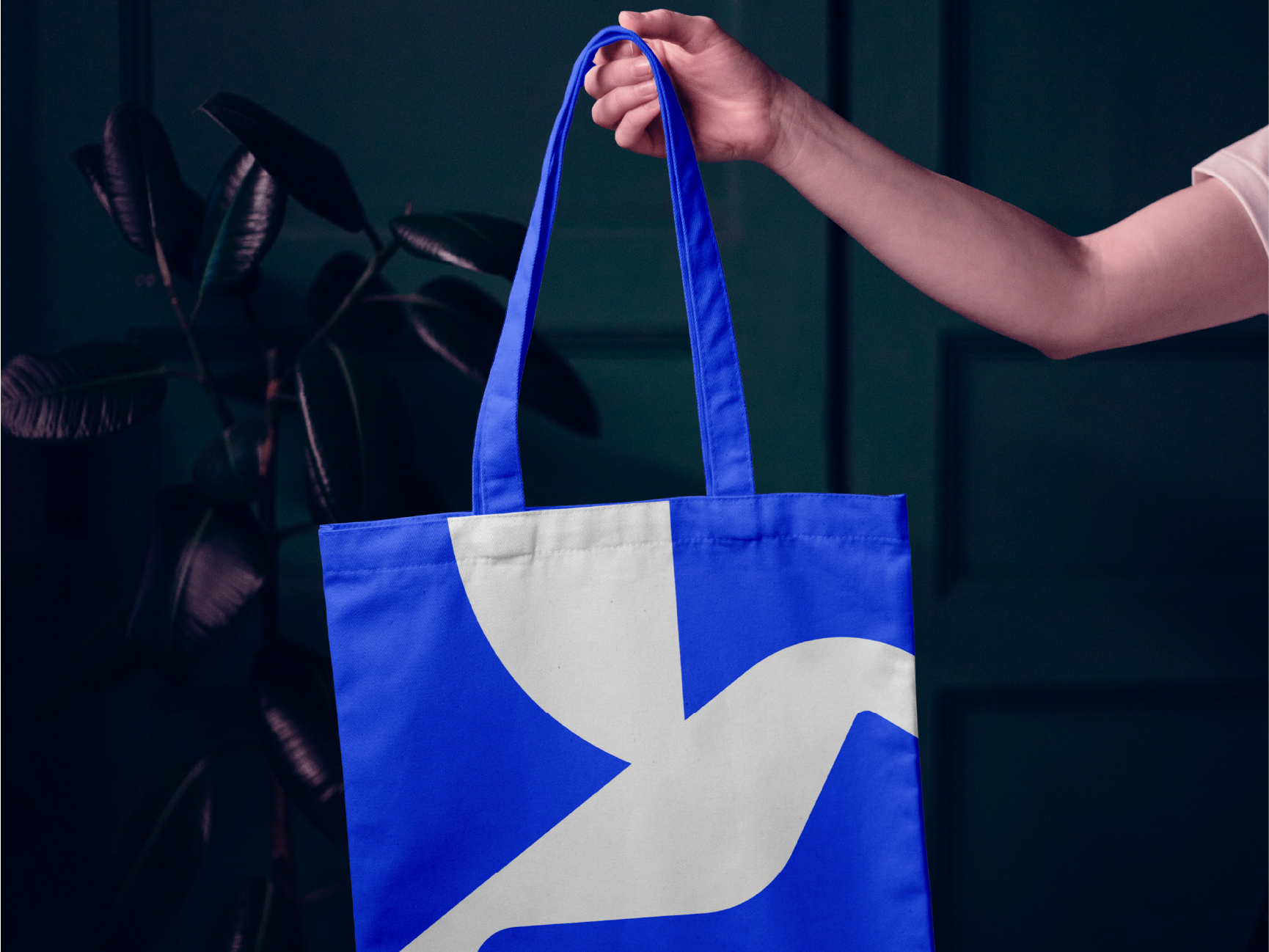 Aerius brand identity design applied to a blue and white tote bag