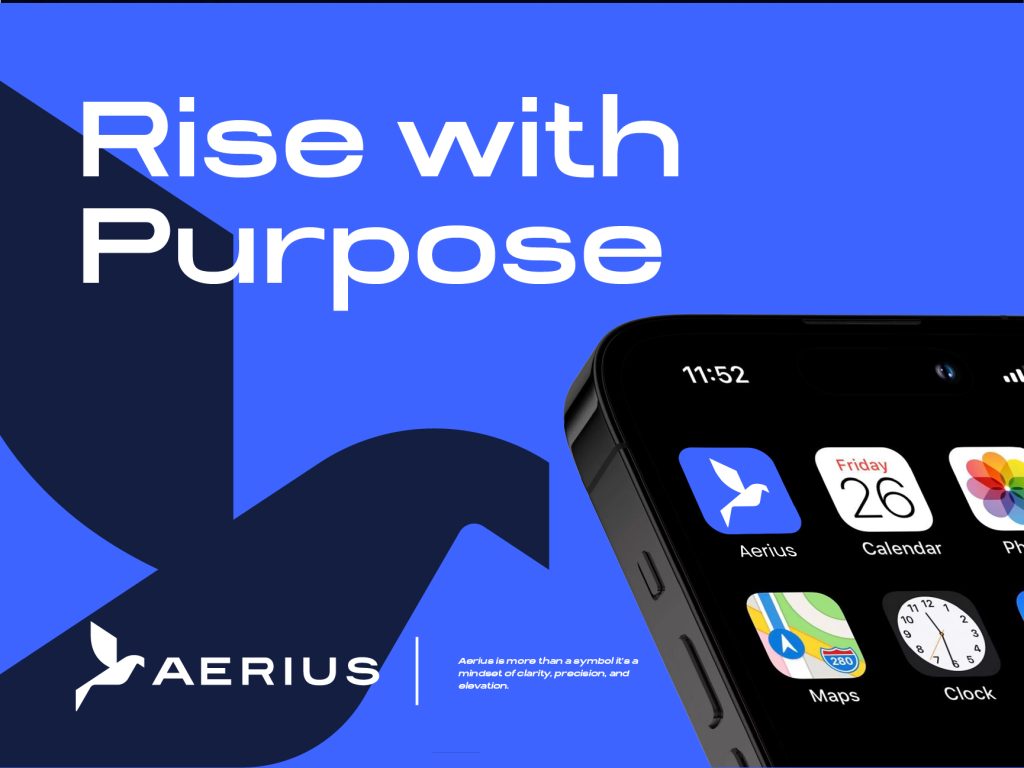 Aerius brand identity design app icon on iPhone home screen