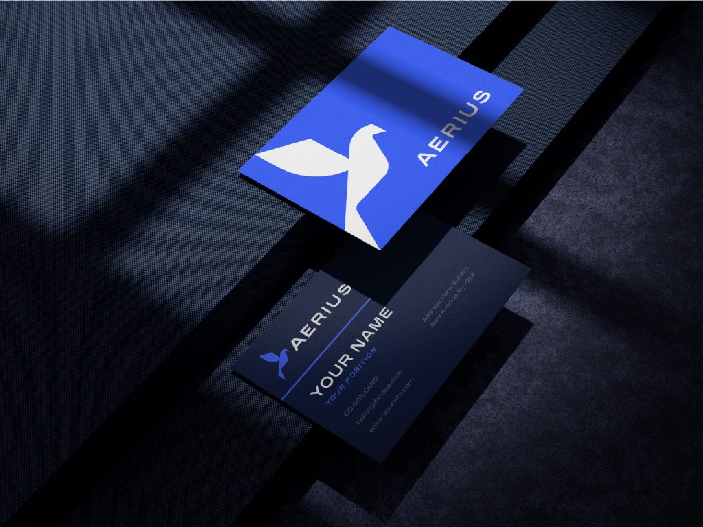 Aerius brand identity design business card in navy and blue