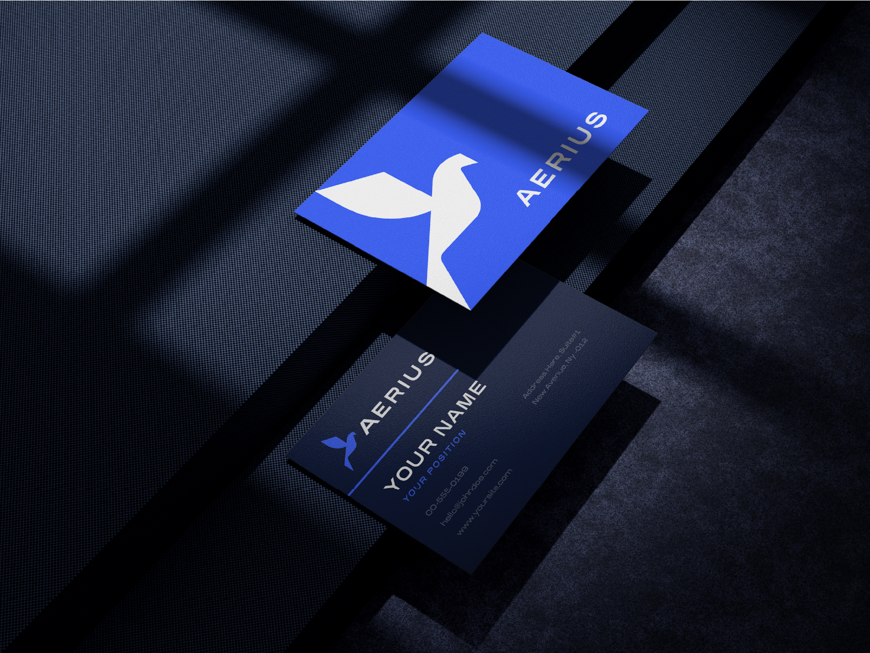 Aerius brand identity design business card in navy and blue