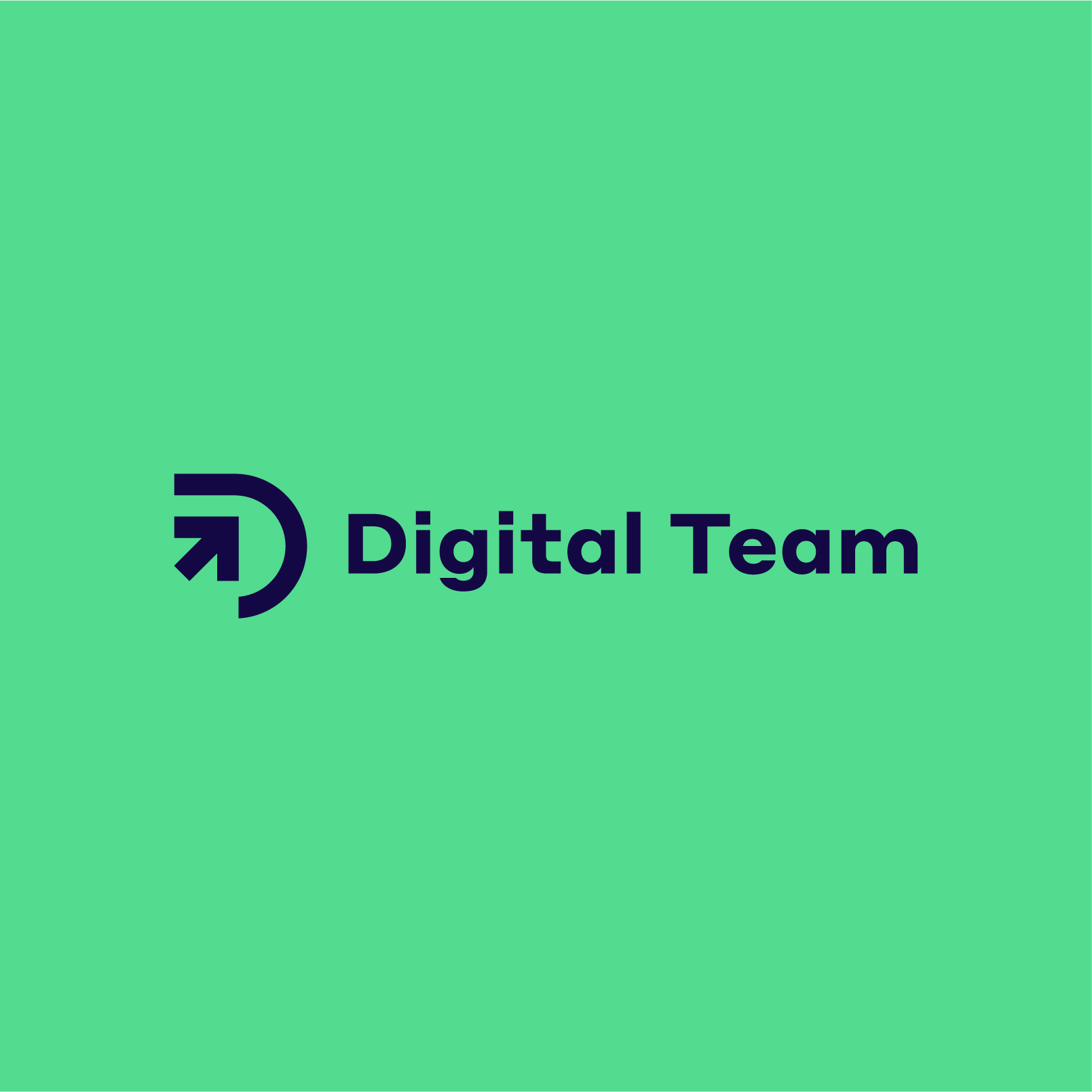 Digital Team modern minimalist logo design, green background with dark navy wordmark and arrow icon for a digital agency SaaS brand