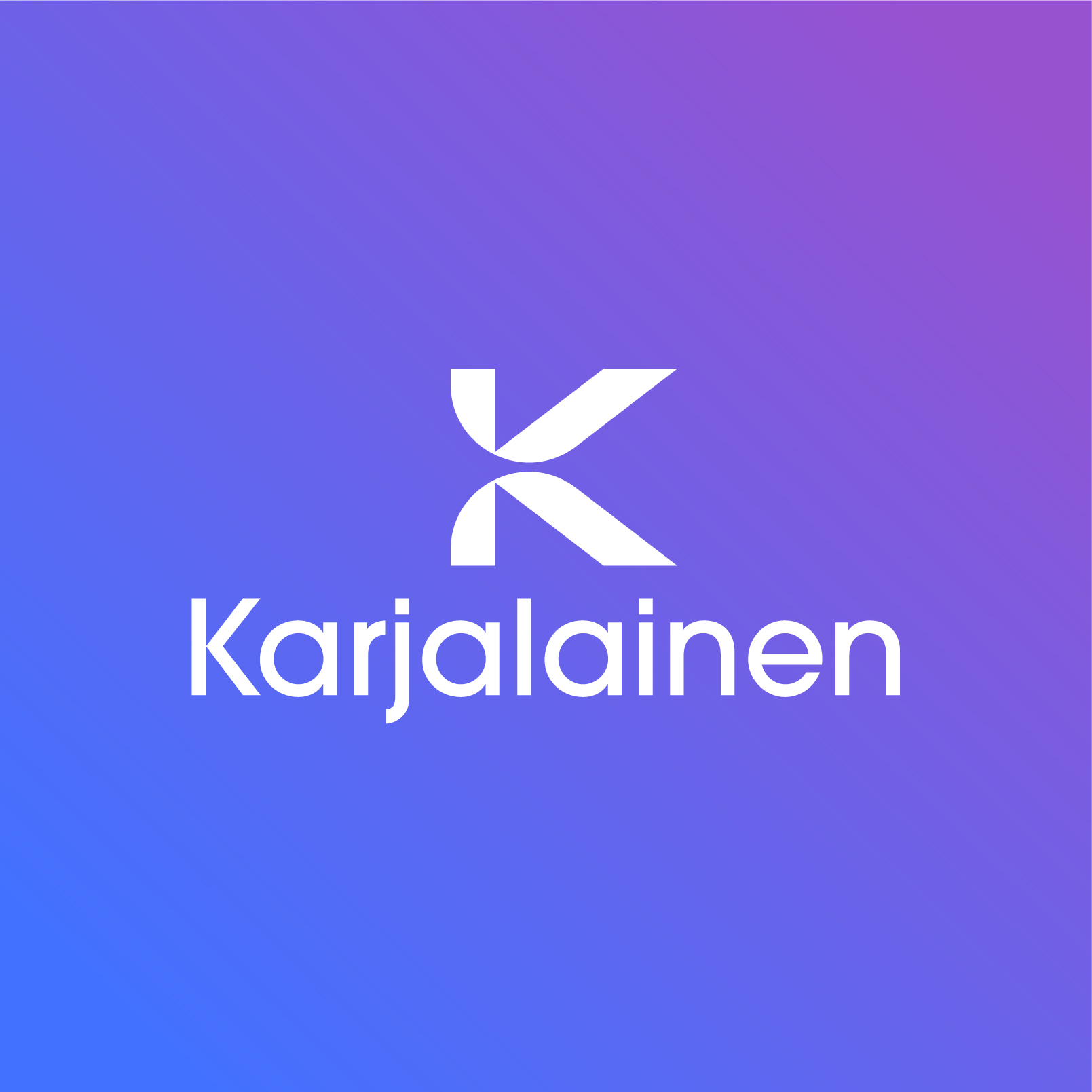 Karjalainen modern minimalist logo design, white lettering with K icon on a purple-blue gradient background for a tech company