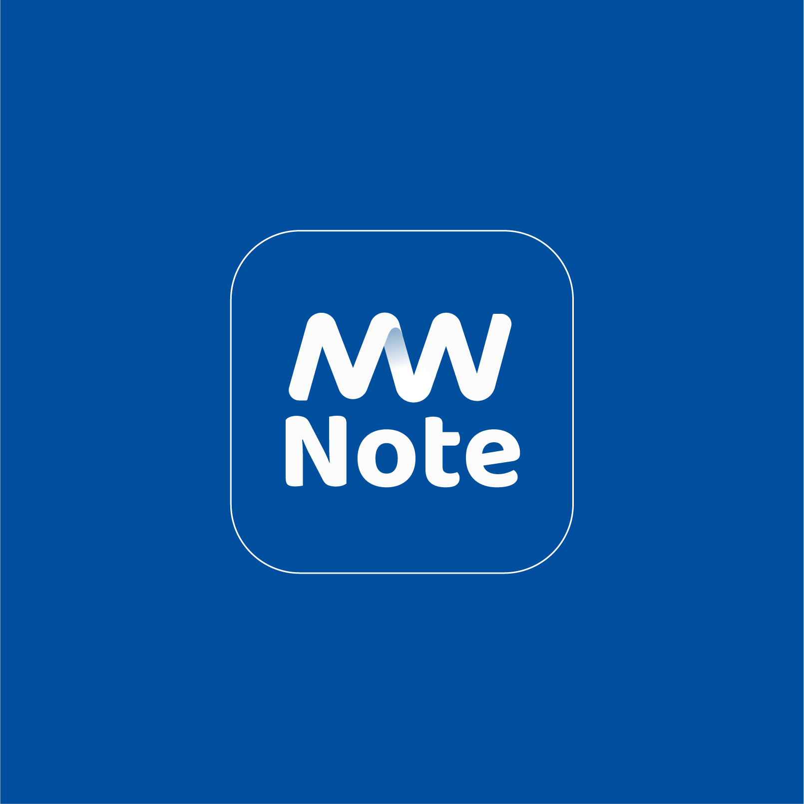 MW Note modern minimalist logo design, rounded square app icon with white wordmark on blue background for a note-taking SaaS app
