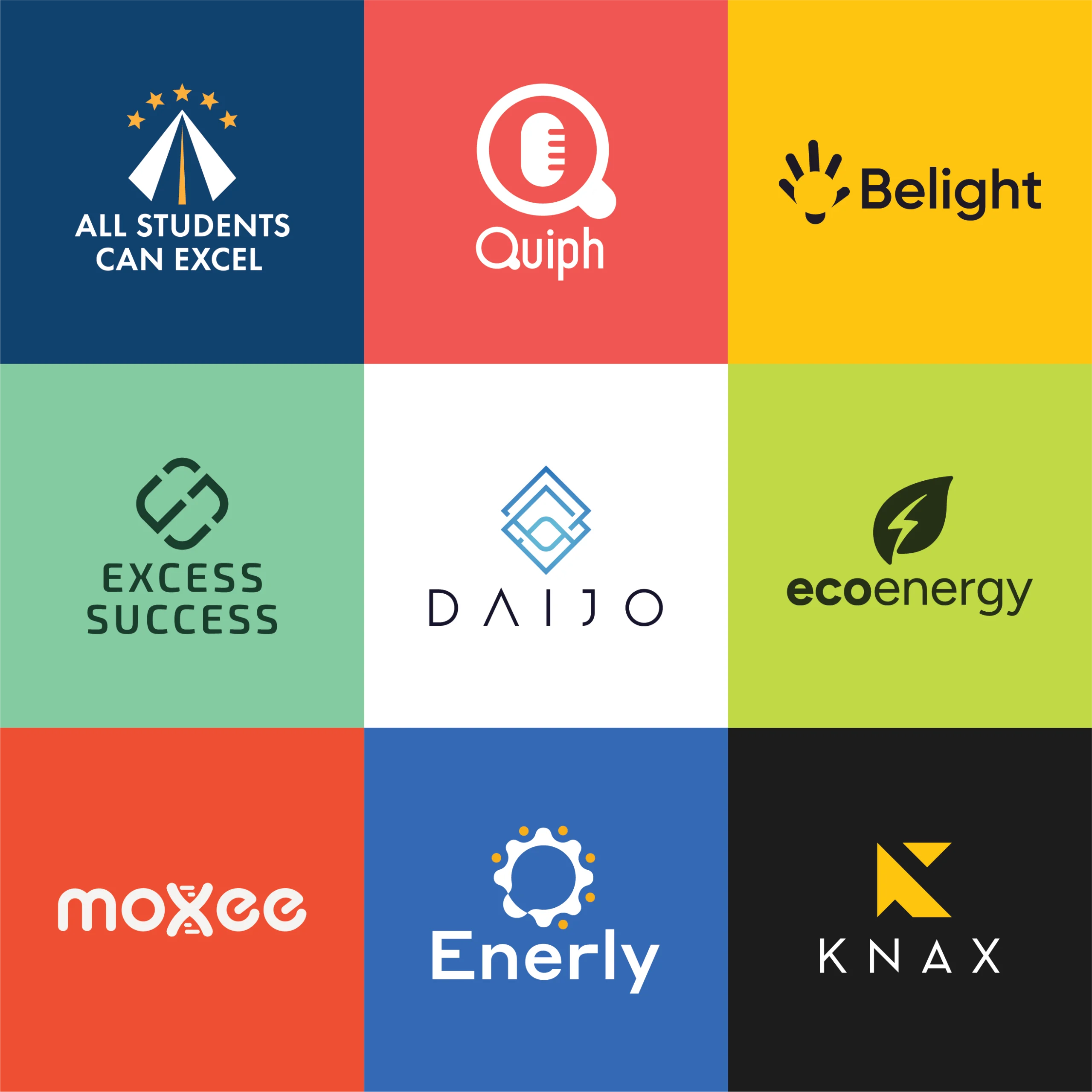 Modern minimalist logo design portfolio grid featuring 9 brand identities — All Students Can Excel, Quiph, Belight, Excess Success, Daijo, EcoEnergy, Moxee, Enerly, and Knax — showcasing clean vector logos, custom typography, and iconography across education, tech, energy, and consumer brands by ZakDesignz.