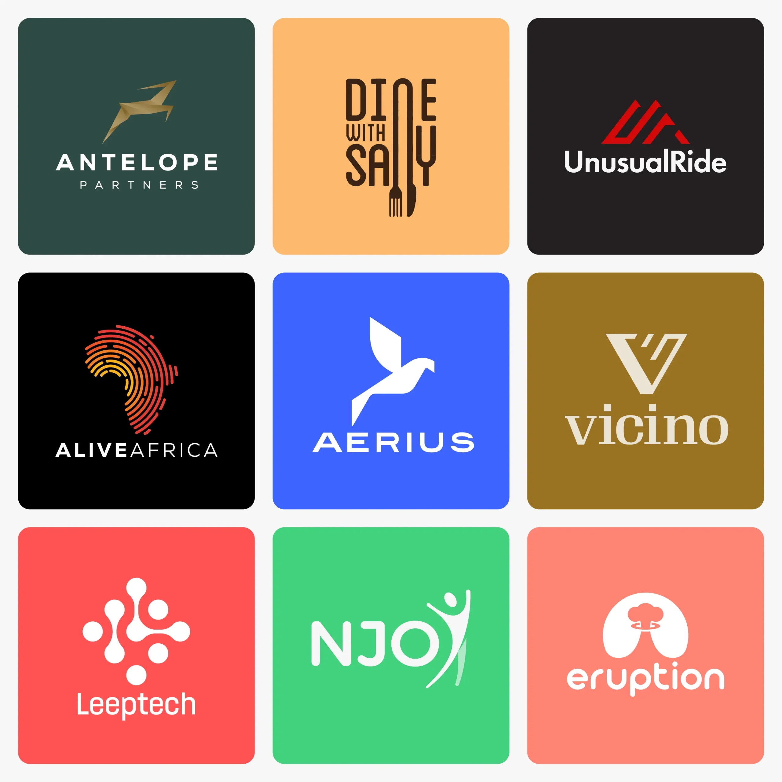 Modern minimalist logo design portfolio by ZakDesignz — clean brand identity work for Antelope Partners, UnusualRide, Aerius, Vicino, and more