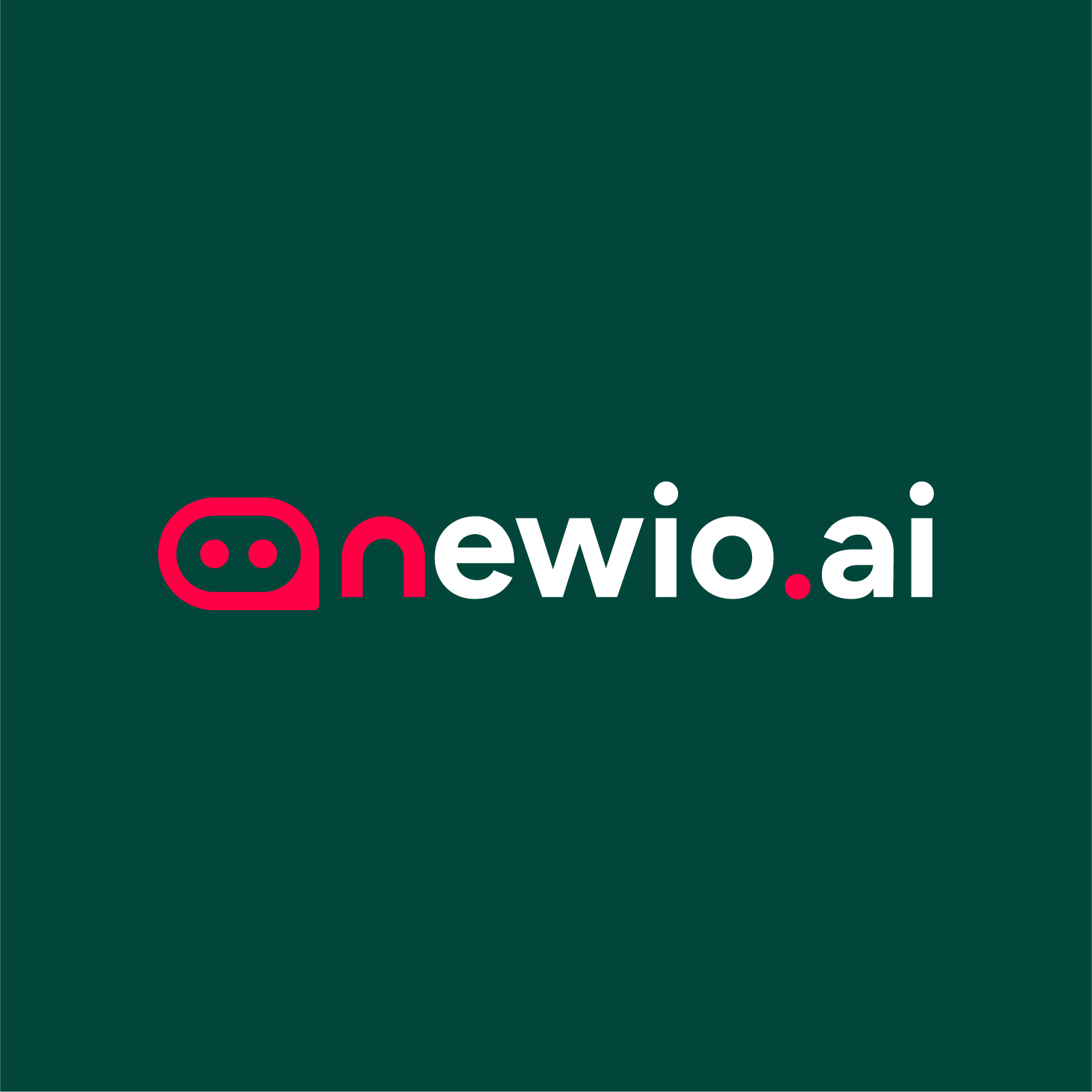 Newio.ai modern minimalist logo design, red chat bubble icon with white wordmark on dark green background for an AI SaaS platform