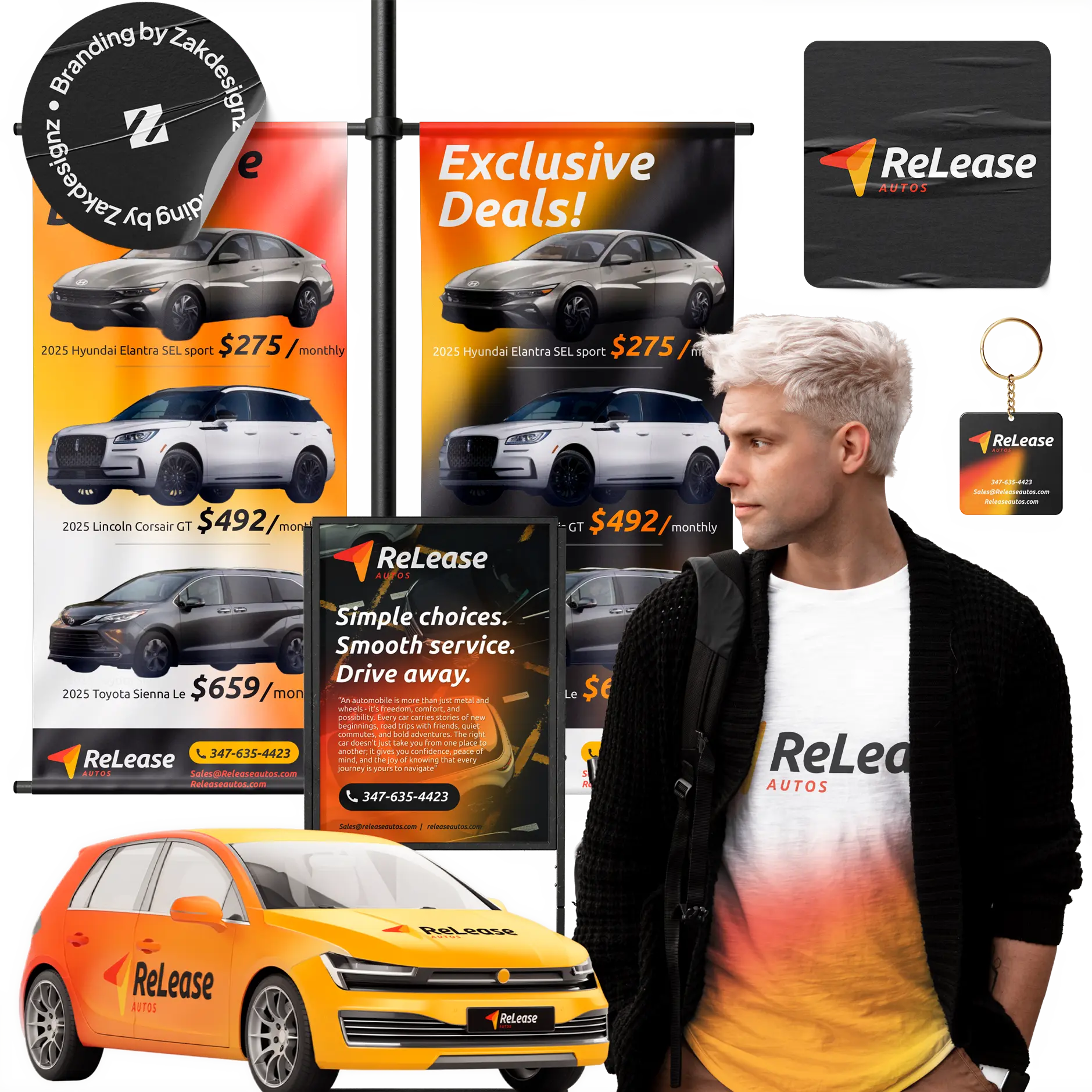 ReLease Autos brand identity design by ZakDesignz — logo, vehicle wrap, pull-up banners, digital signage, keychain, and apparel mockup