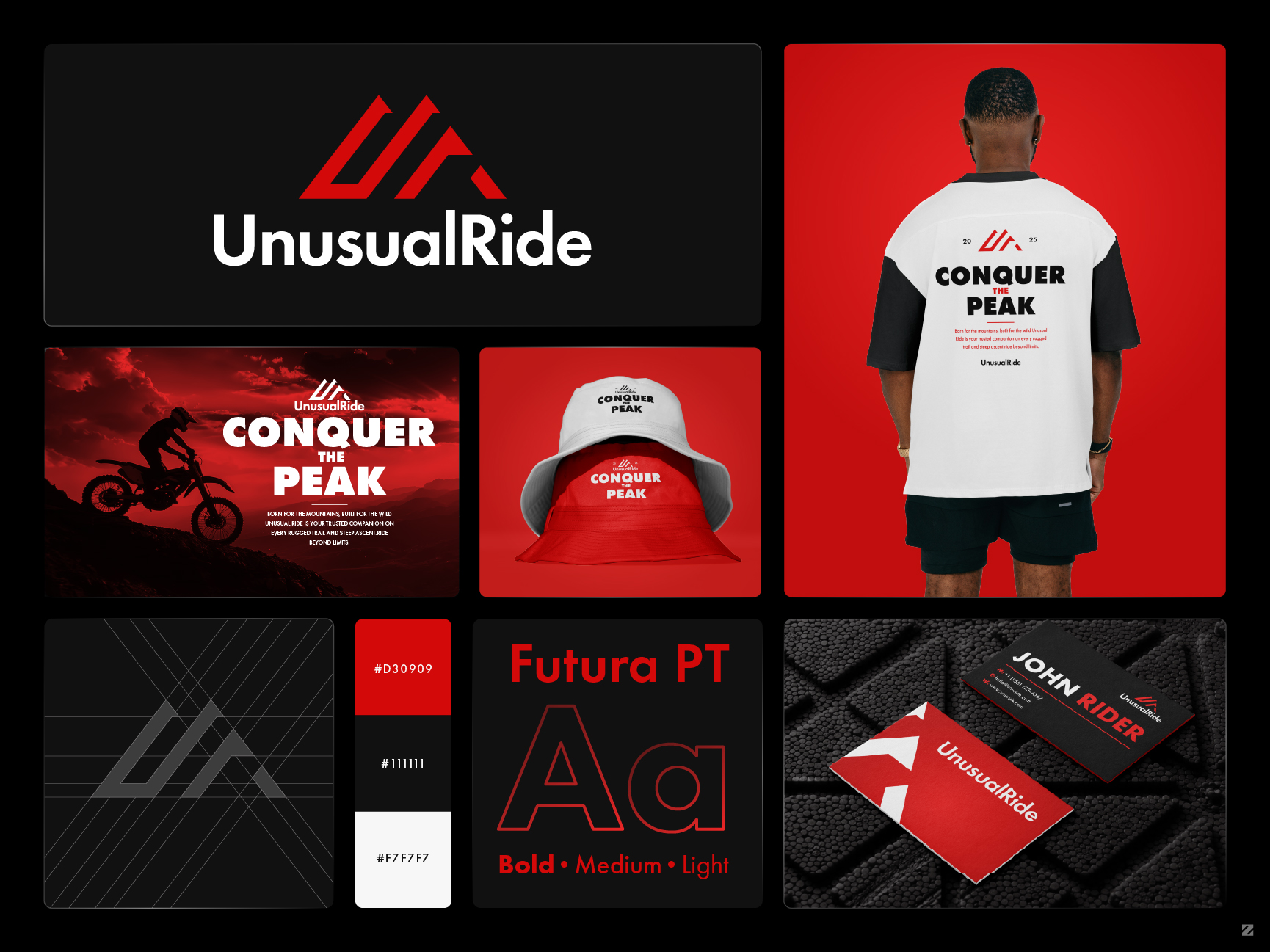 UnusualRide logo design featuring a red mountain-peak monogram mark with bold white wordmark on a black background