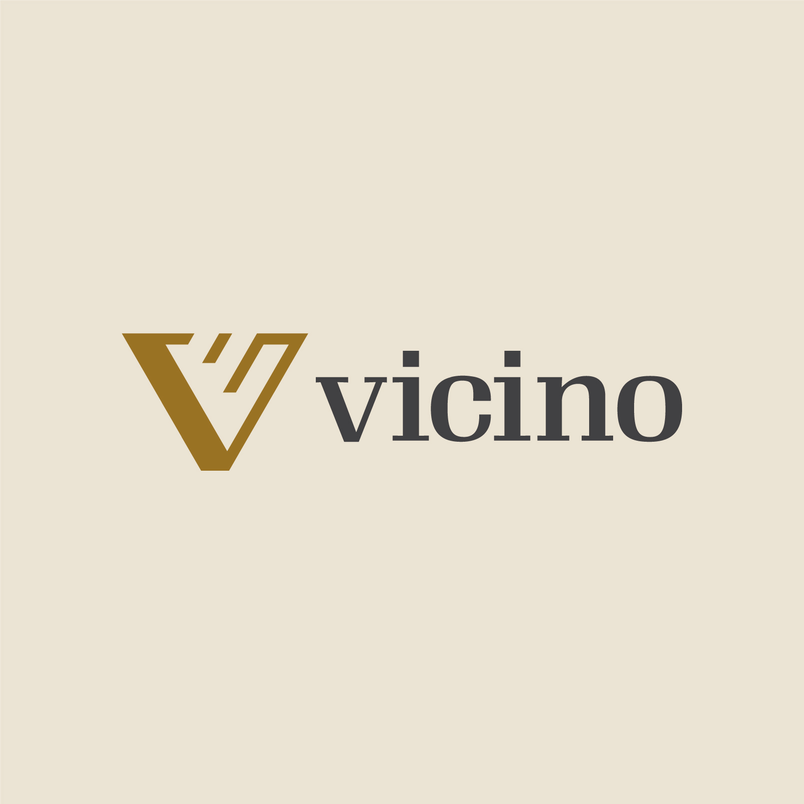 Vicino modern minimalist logo design, brown V icon with serif wordmark on cream background for a tech and lifestyle brand