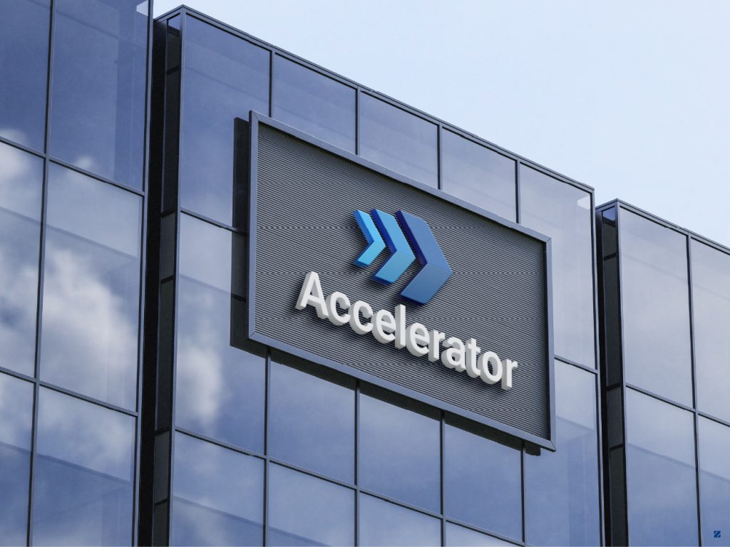 Accelerator Projects illuminated logo signage on office building exterior