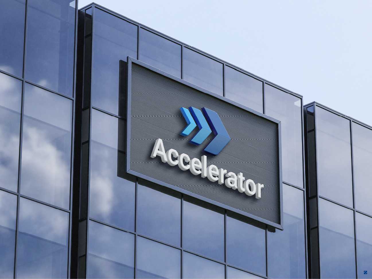 Accelerator Projects illuminated logo signage on office building exterior