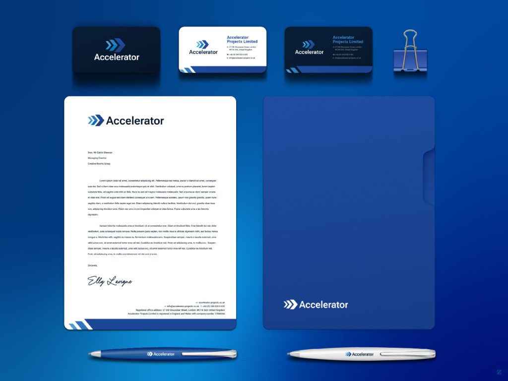 Accelerator Projects branded business cards and letterhead stationery