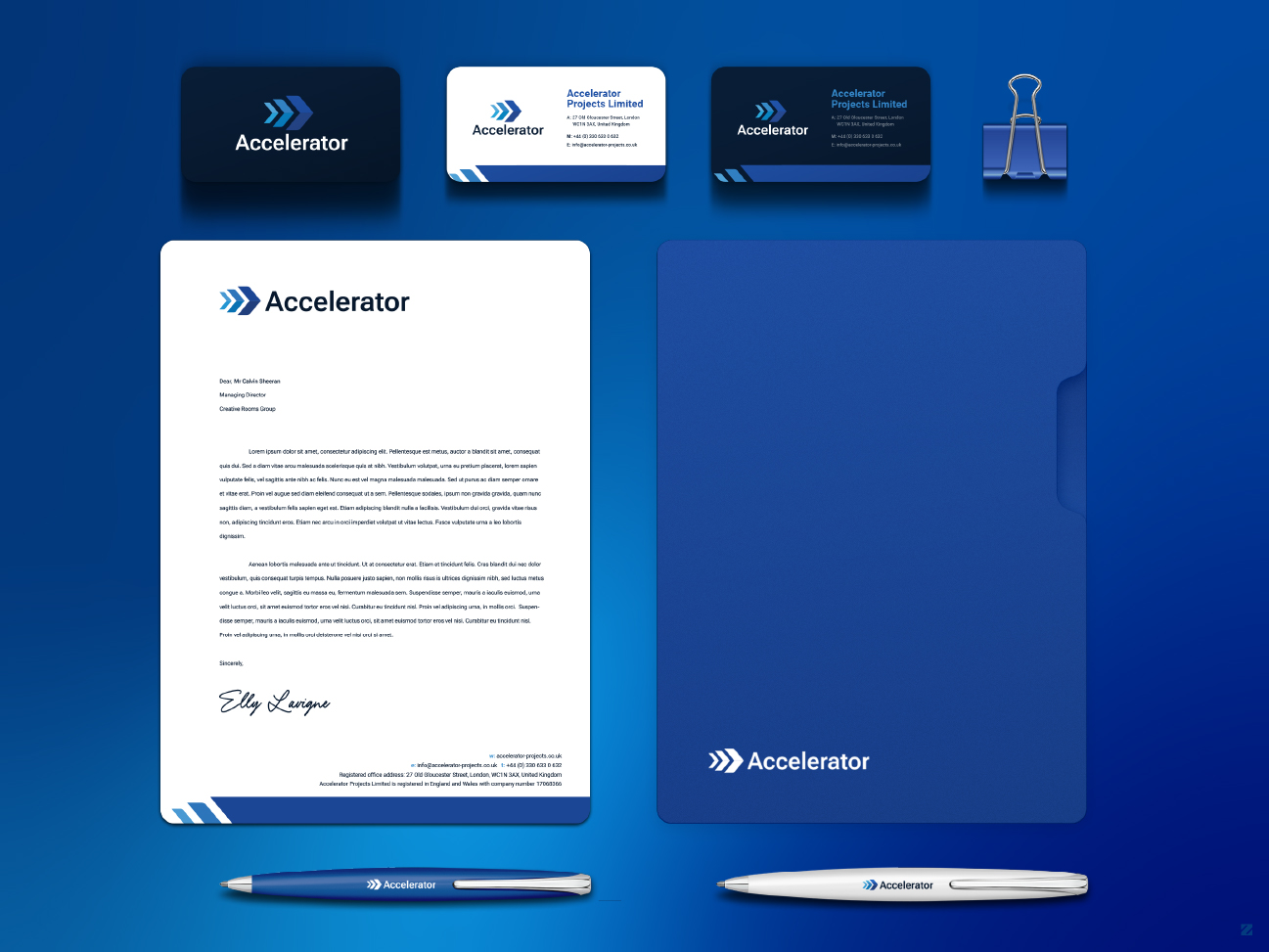 Accelerator Projects branded business cards and letterhead stationery