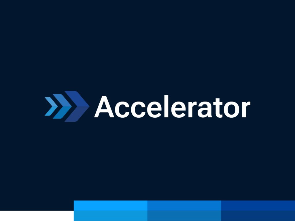 Accelerator Projects geometric arrow logo on dark navy background