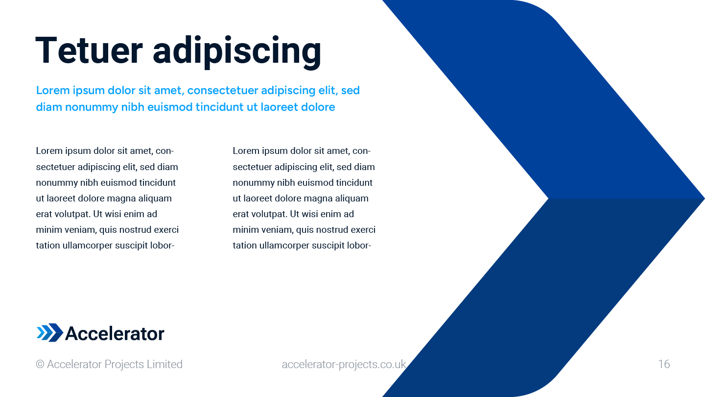 Accelerator Projects pitch deck two-column slide with arrow graphic