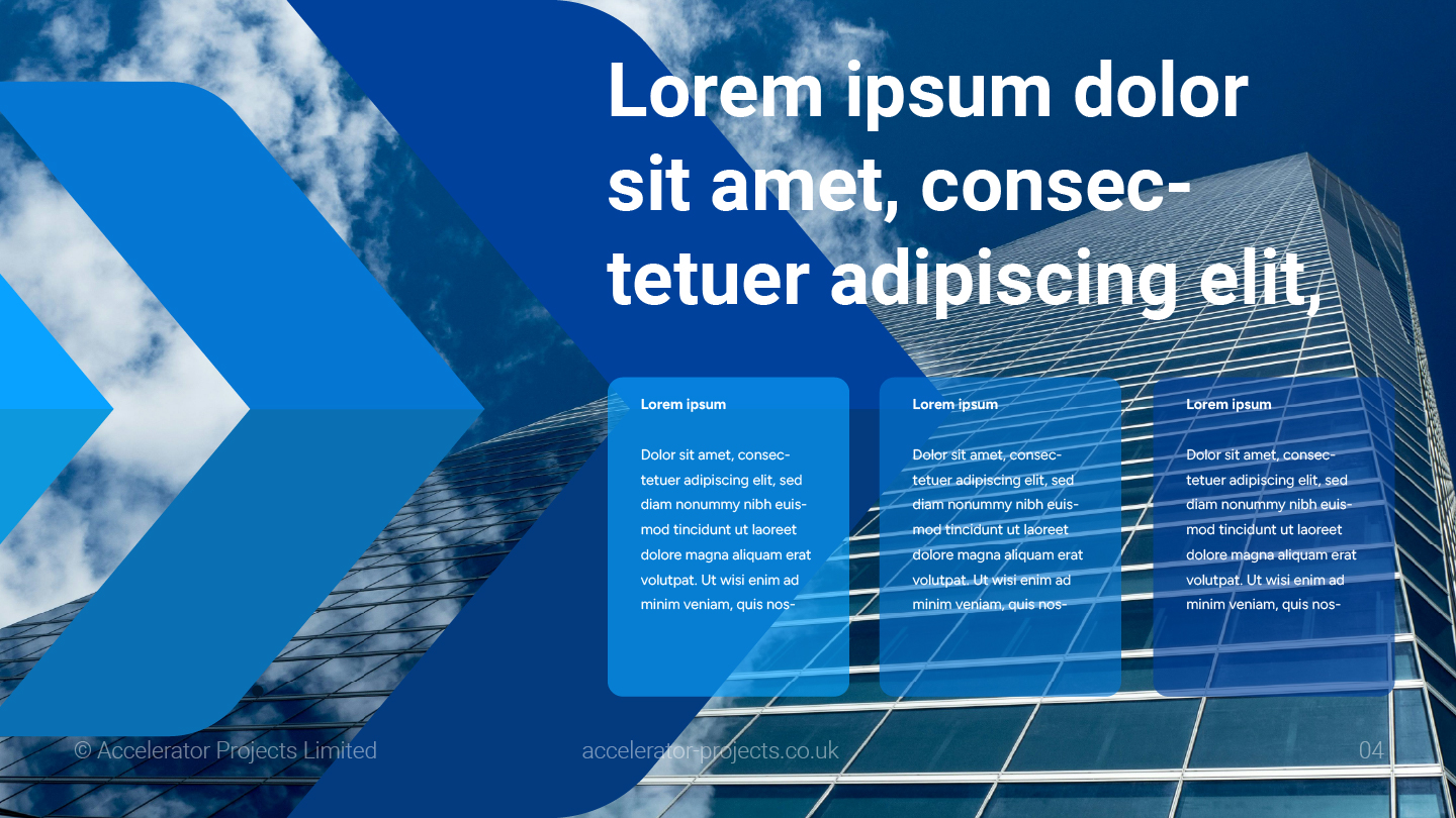 Accelerator Projects pitch deck slide with office building photo
