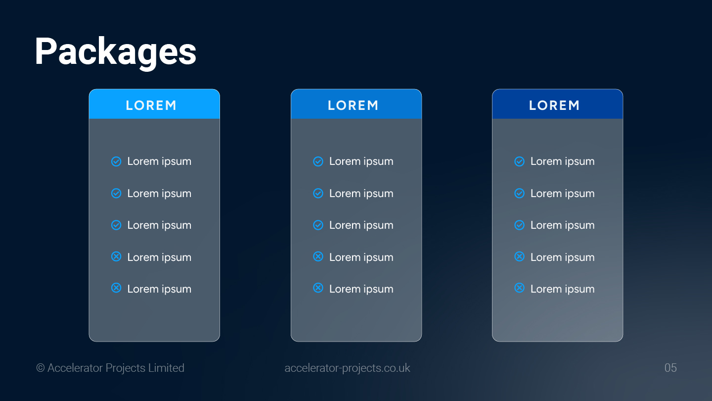 Accelerator Projects pitch deck three-tier package comparison slide