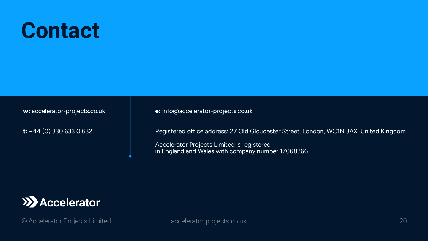Accelerator Projects pitch deck contact information closing slide