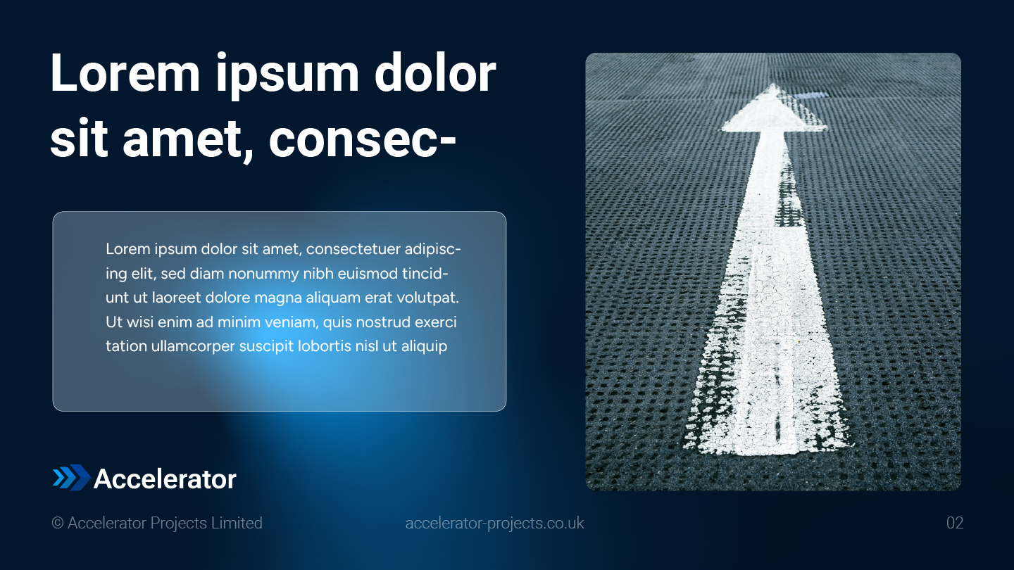 Accelerator Projects pitch deck introduction slide with road image