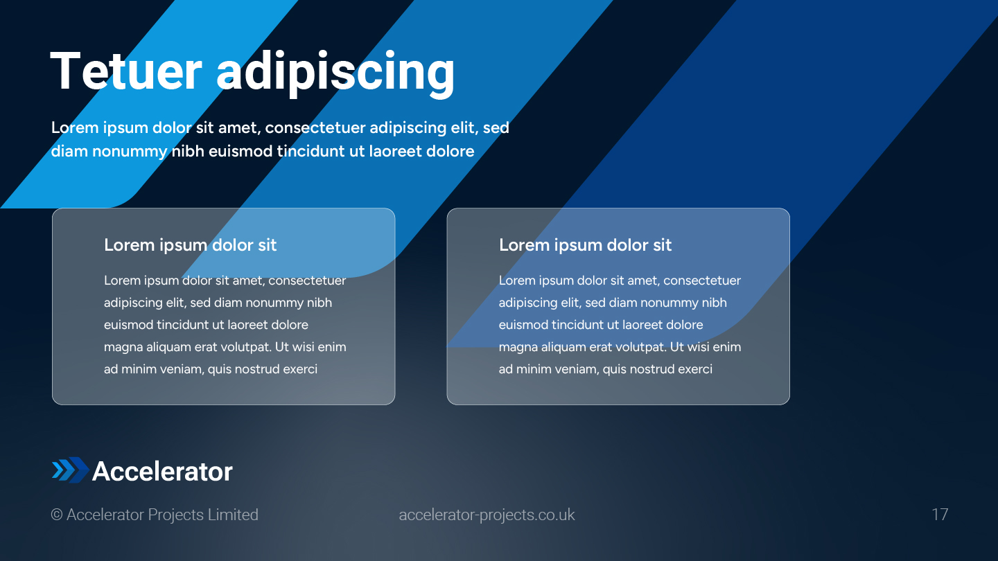 Accelerator Projects pitch deck dark theme two-column arrow slide
