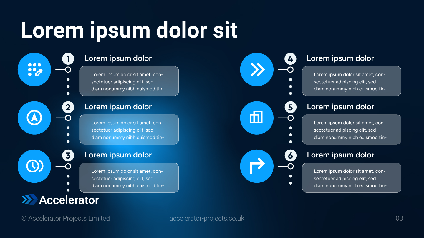 Accelerator Projects pitch deck six-point services overview slide