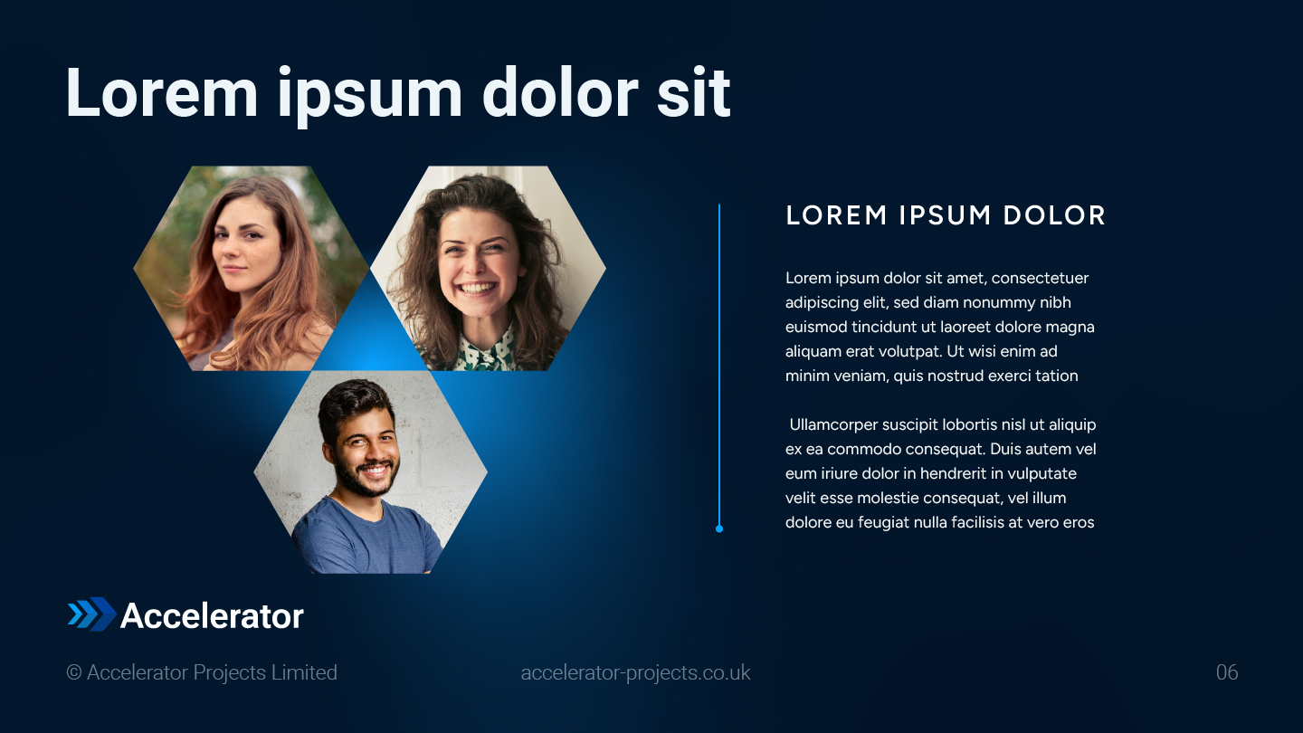 Accelerator Projects pitch deck team introduction slide with hexagon photos