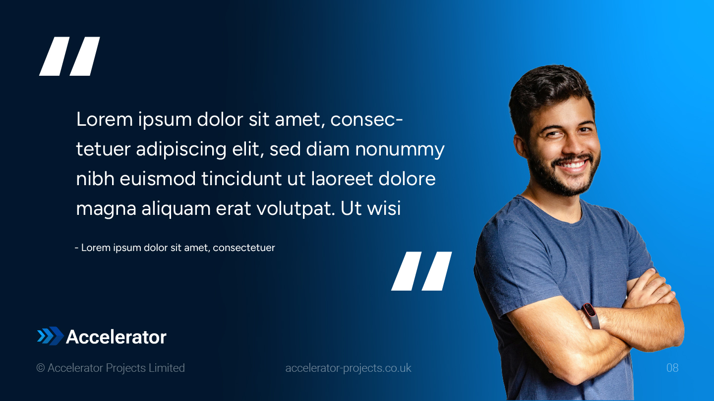 Accelerator Projects pitch deck client testimonial quote slide