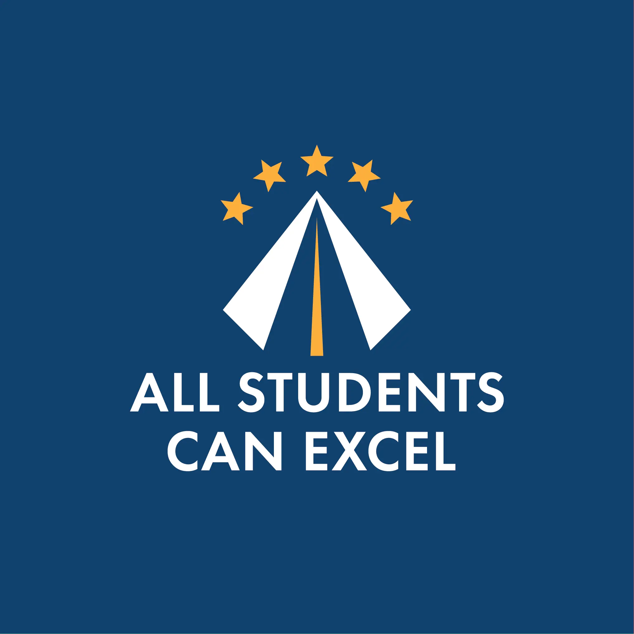 Modern minimalist logo design for All Students Can Excel — education brand featuring a road and mountain peak icon with five stars in navy blue