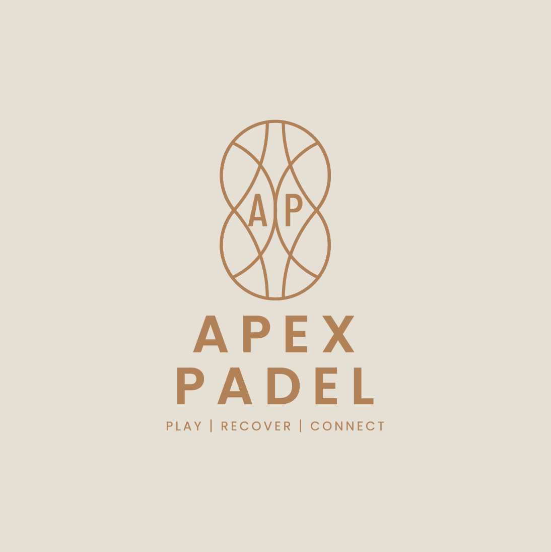 Minimal AP monogram logo in a circular badge for Apex Padel club, tagline Play Recover Connect