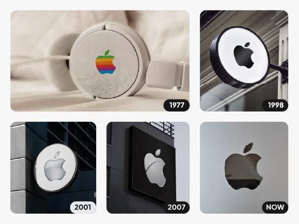 Apple logo evolution from 1977 to today — rainbow to chrome to brushed metal, same silhouette throughout