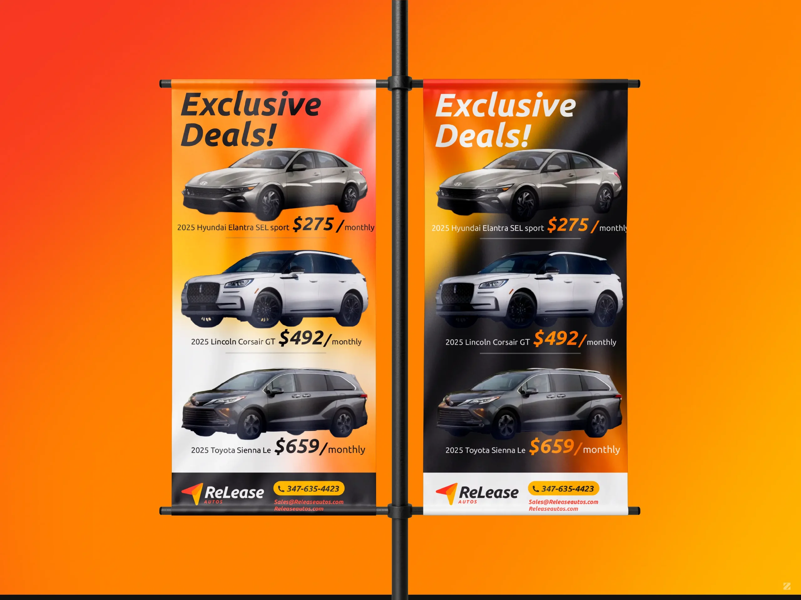 ReLease Autos pull-up banner design with exclusive lease deals, branding by ZakDesignz