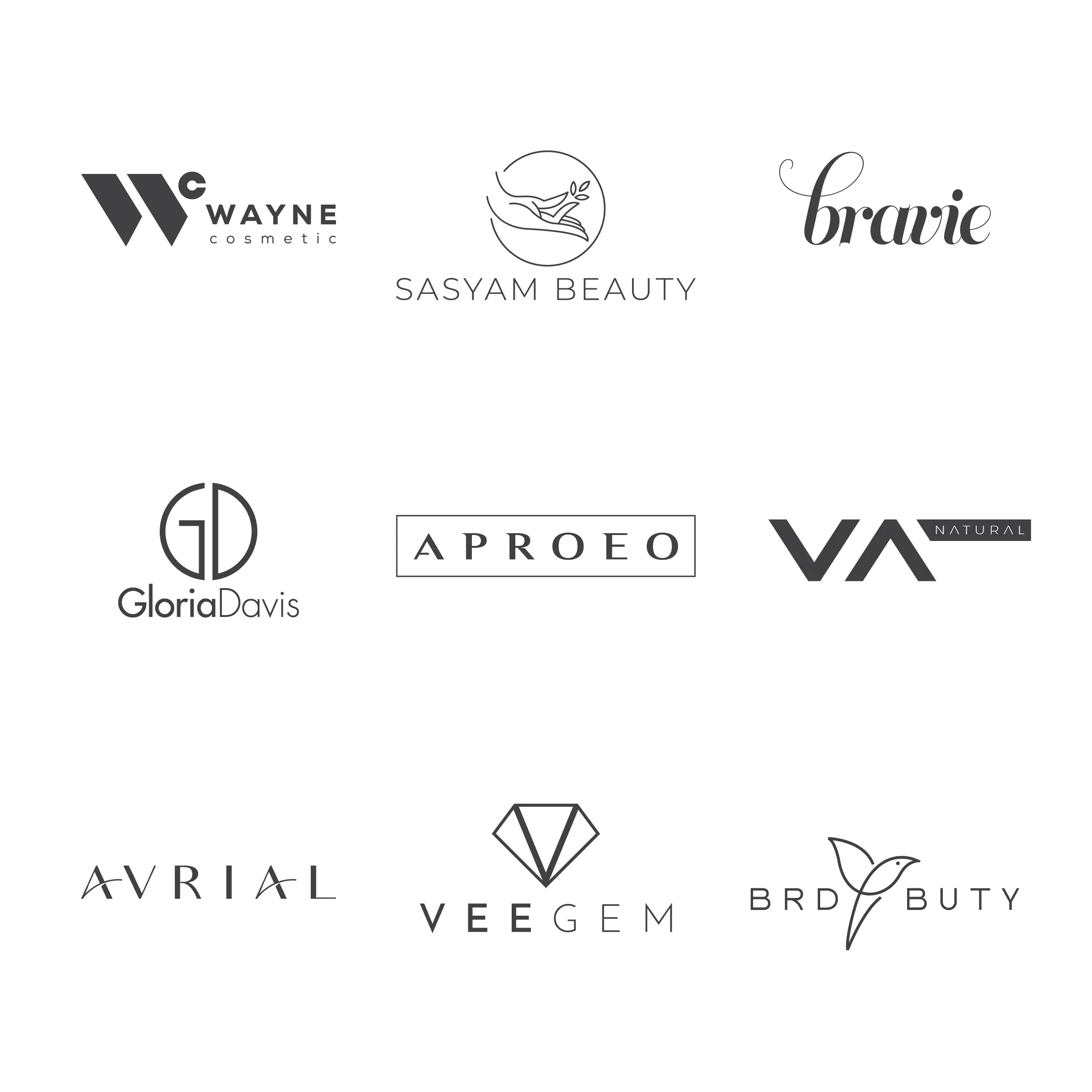 Modern minimalist luxury logo design grid overview for beauty fashion cosmetic brands — VeeGem, Wayne Cosmetic, Bravie, Gloria Davis, and more by ZakDesignz