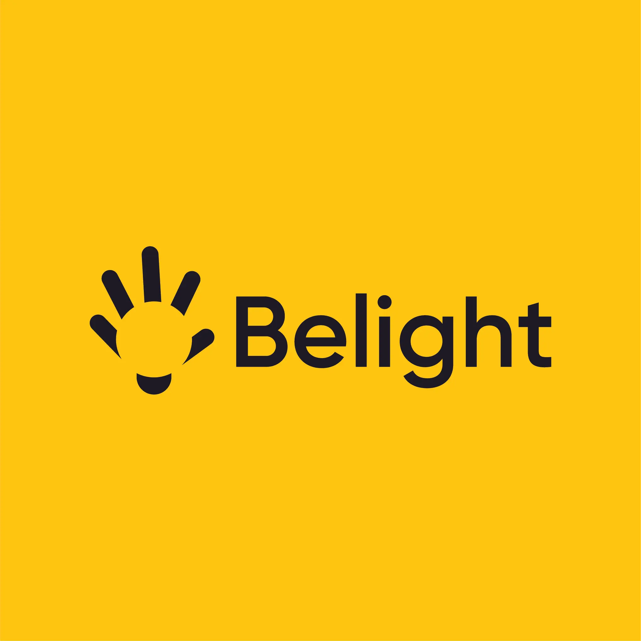 Modern minimalist logo design for Belight — brand identity featuring an open hand icon paired with clean sans-serif typography on yellow