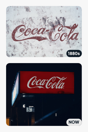 Coca-Cola logo evolution from 1880s wall painting to today's neon sign — same script for 140+ years