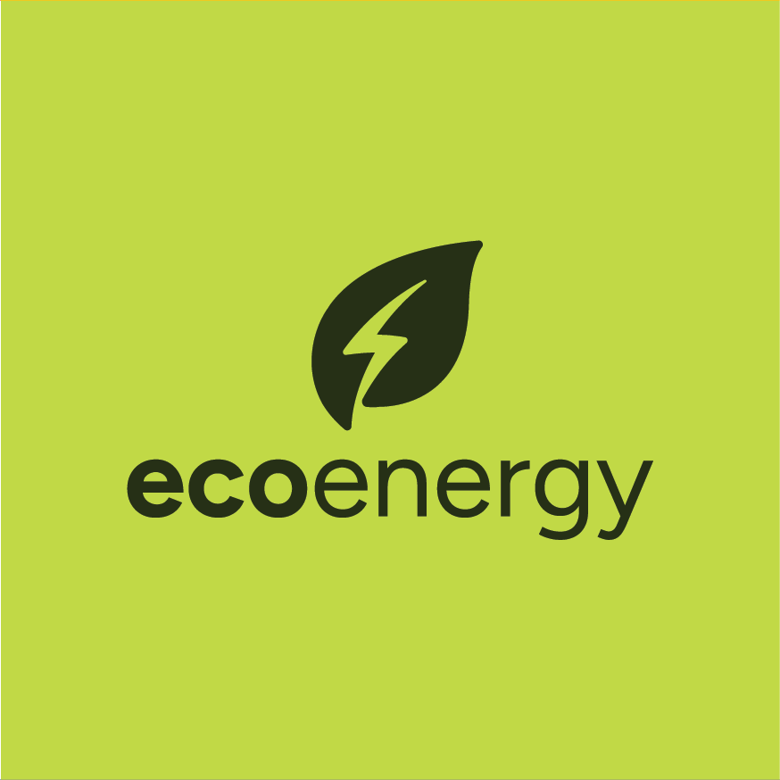 Modern minimalist logo design for EcoEnergy — sustainable energy brand featuring a leaf and lightning bolt icon in dark green on lime yellow