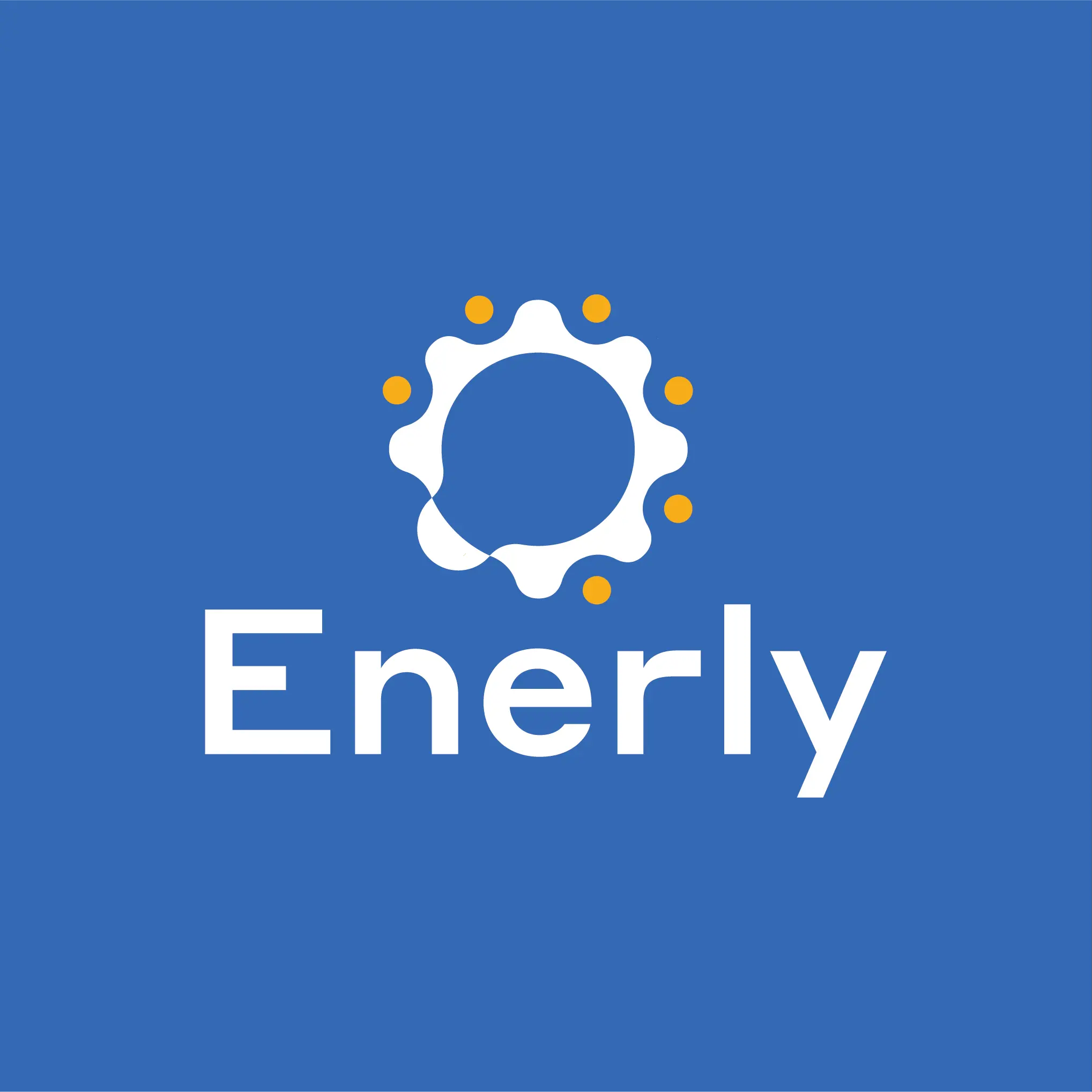 Modern minimalist logo design for Enerly — energy brand featuring a gear and cog icon in white on royal blue with orange accent dots