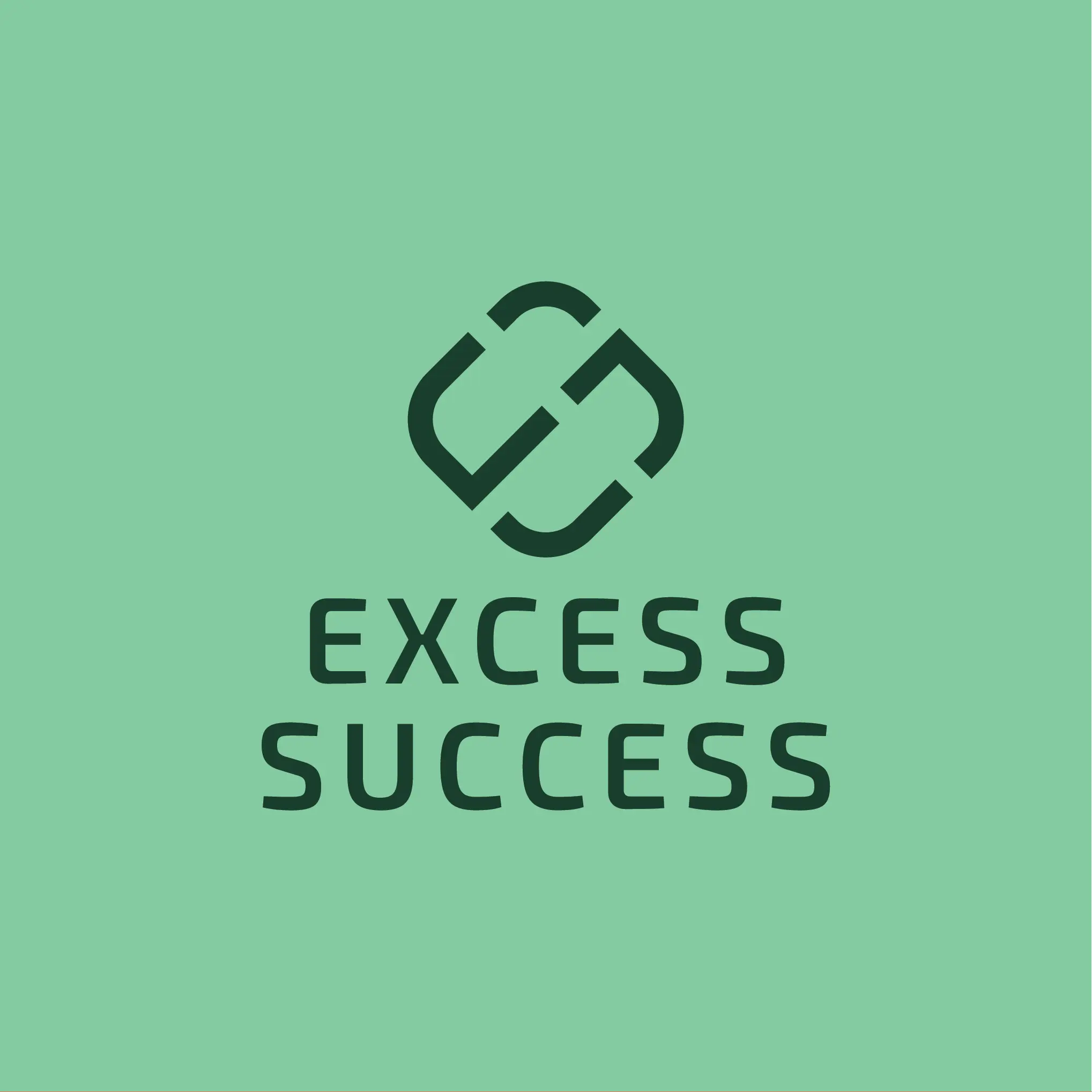 Modern minimalist logo design for Excess Success — abstract interlocking geometric icon in dark green on a soft mint background