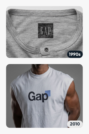 Gap logo comparison showing the classic navy box logo from the 1990s next to the 2010 minimalist wordmark redesign that was reversed within six days of backlash