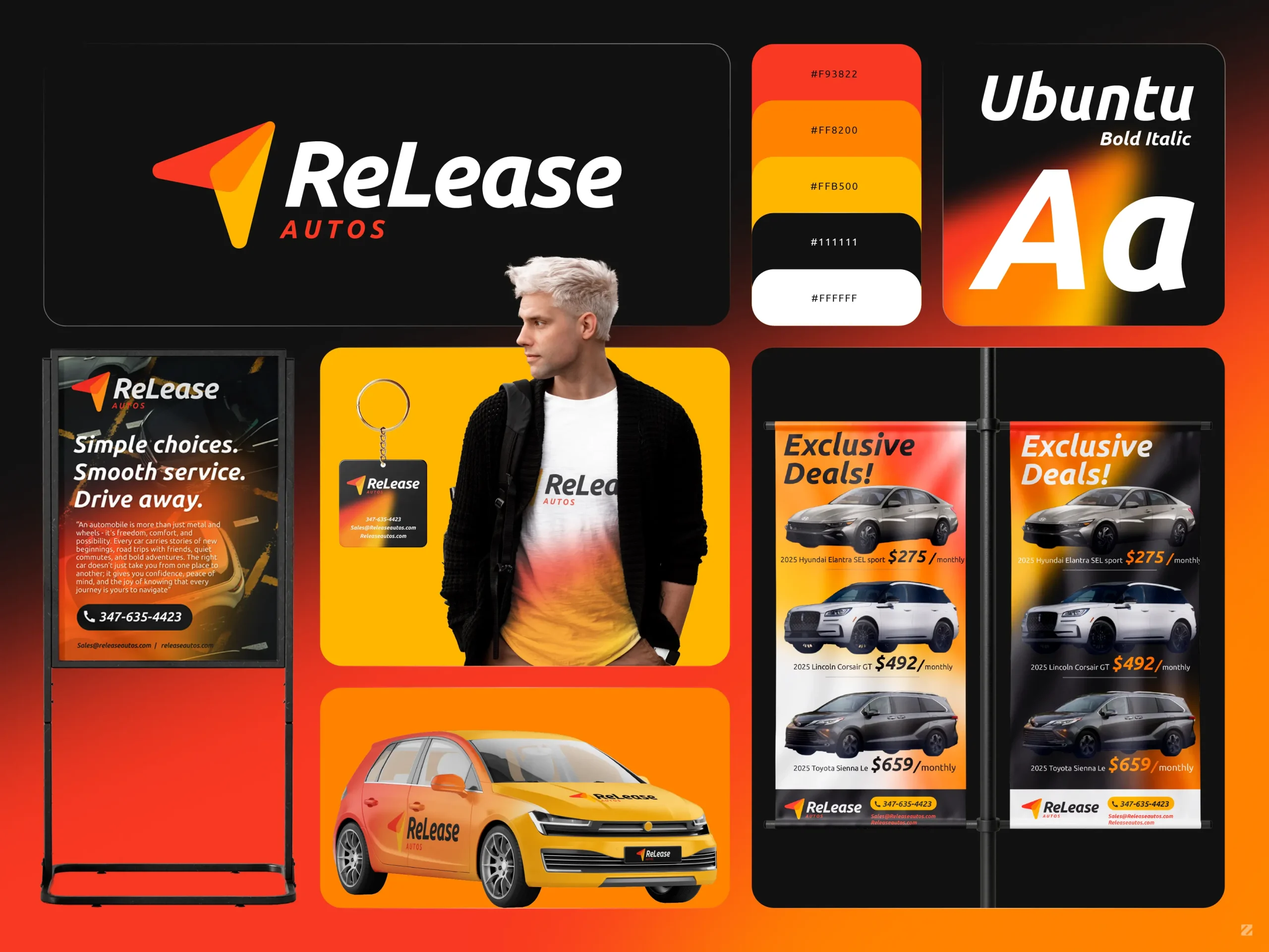 ReLease Autos brand identity design by ZakDesignz — logo, color palette, typography, signage, vehicle wrap and apparel mockups