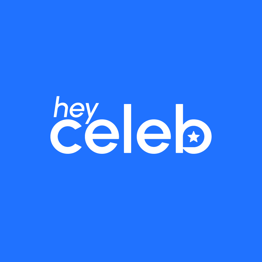Bold white wordmark logo for Hey Celeb with a star icon on blue background