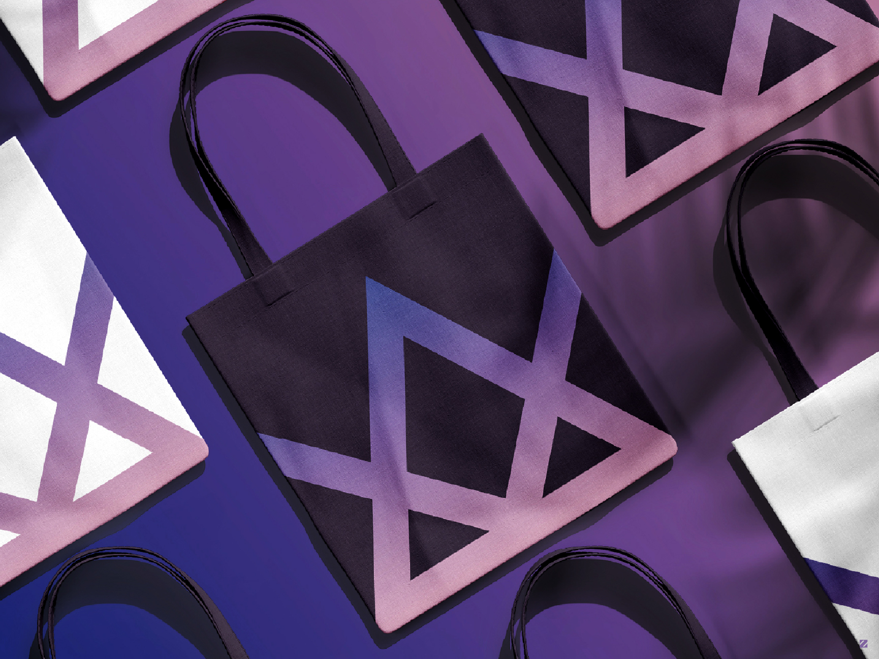 Kiban Dimension brand identity design pattern on purple tote bags