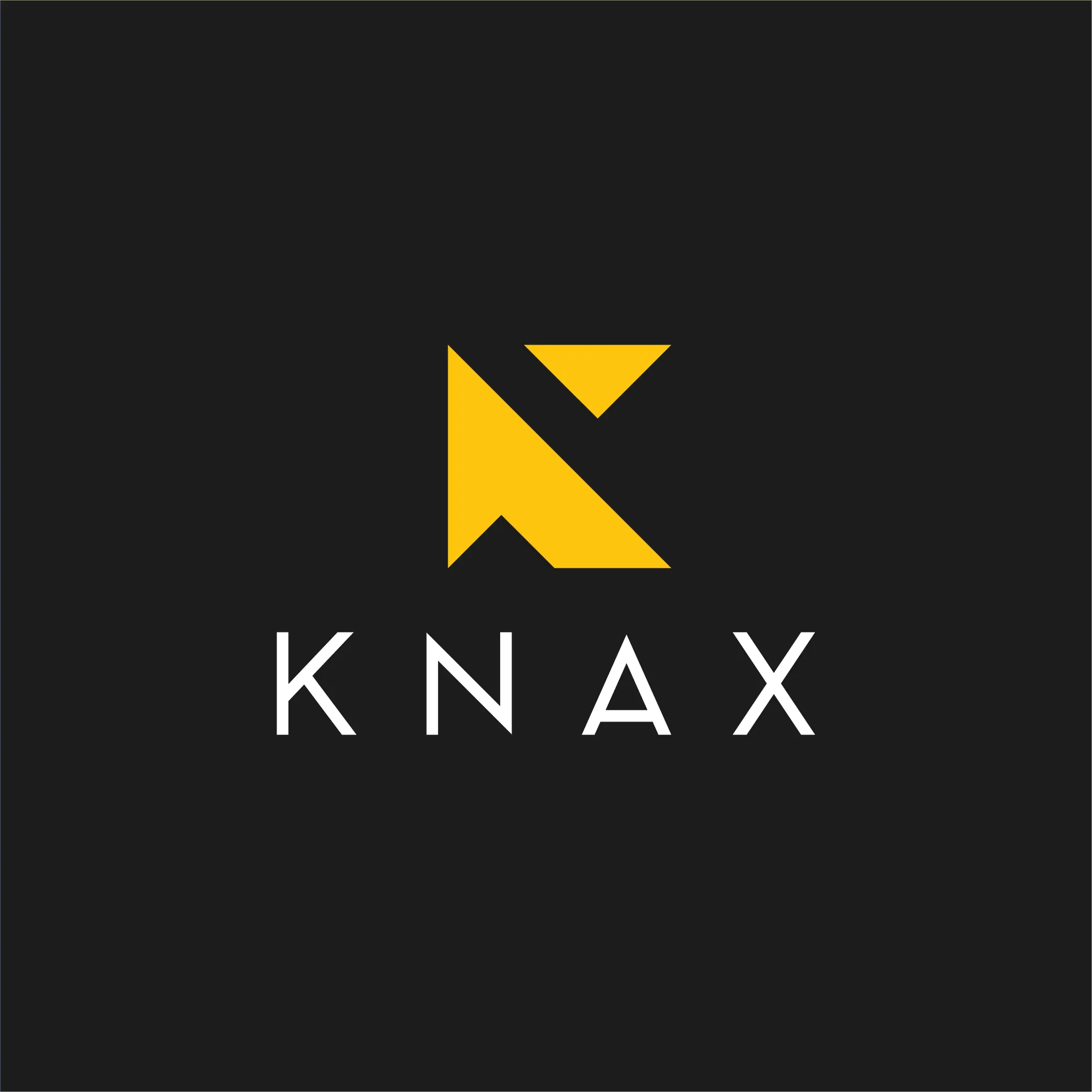 Modern minimalist logo design for Knax — abstract arrow and K monogram icon in yellow on a black background