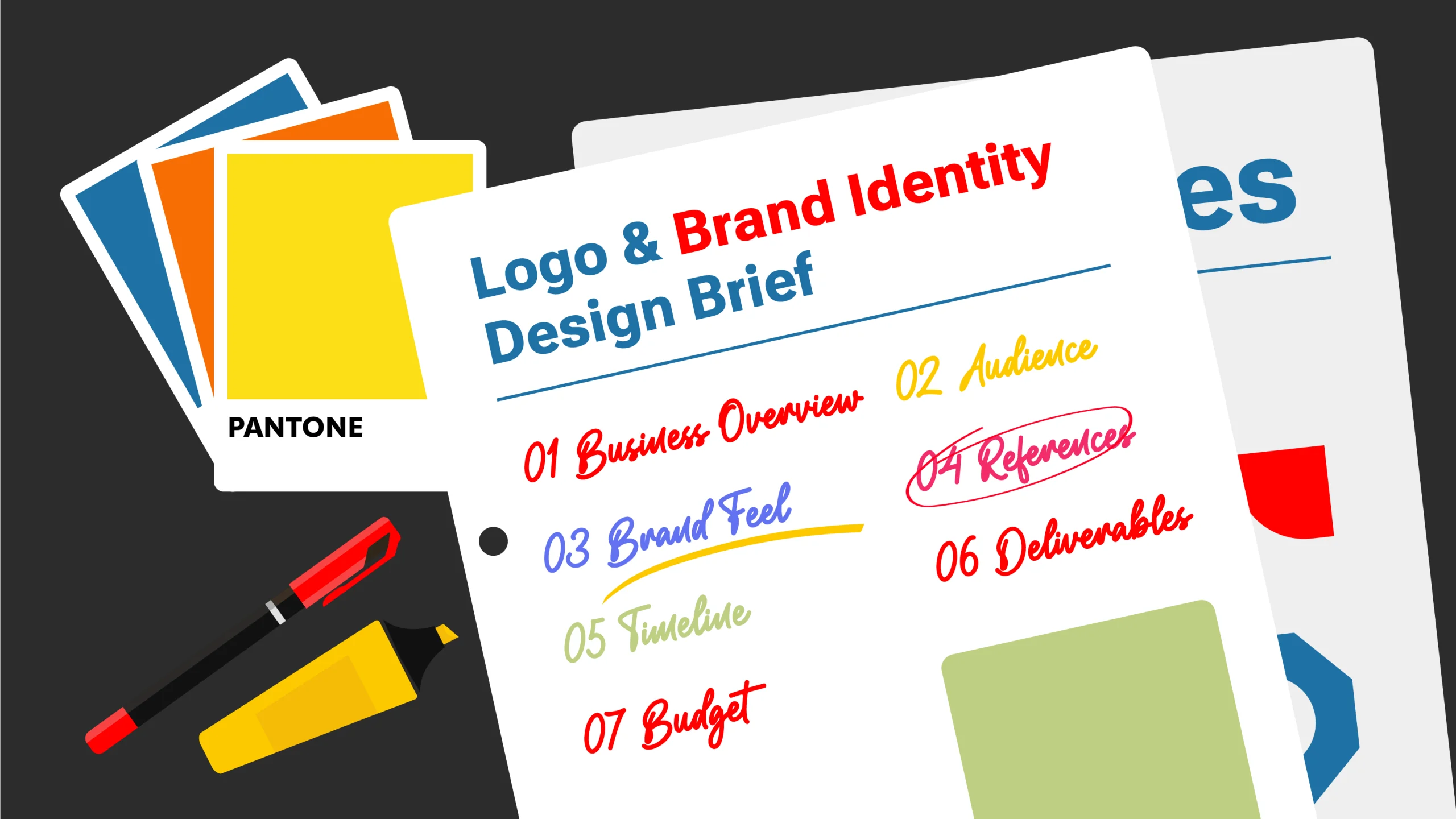 Logo and brand identity design brief checklist covering business overview, audience, brand feel, timeline, references, deliverables, and budget
