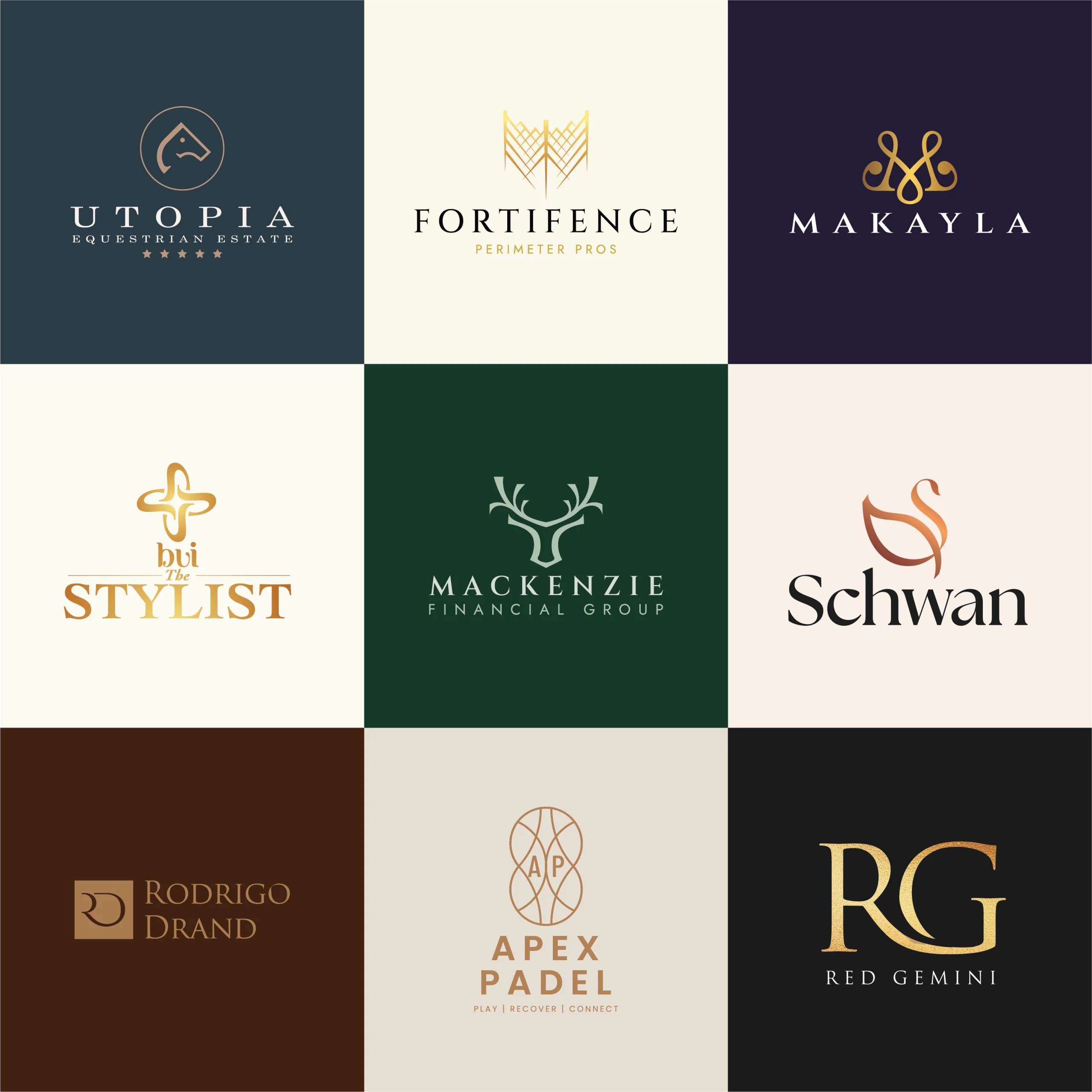 Grid of 9 classic luxury minimal logo designs including equestrian, fencing, financial, and fashion brands by ZakDesignz
