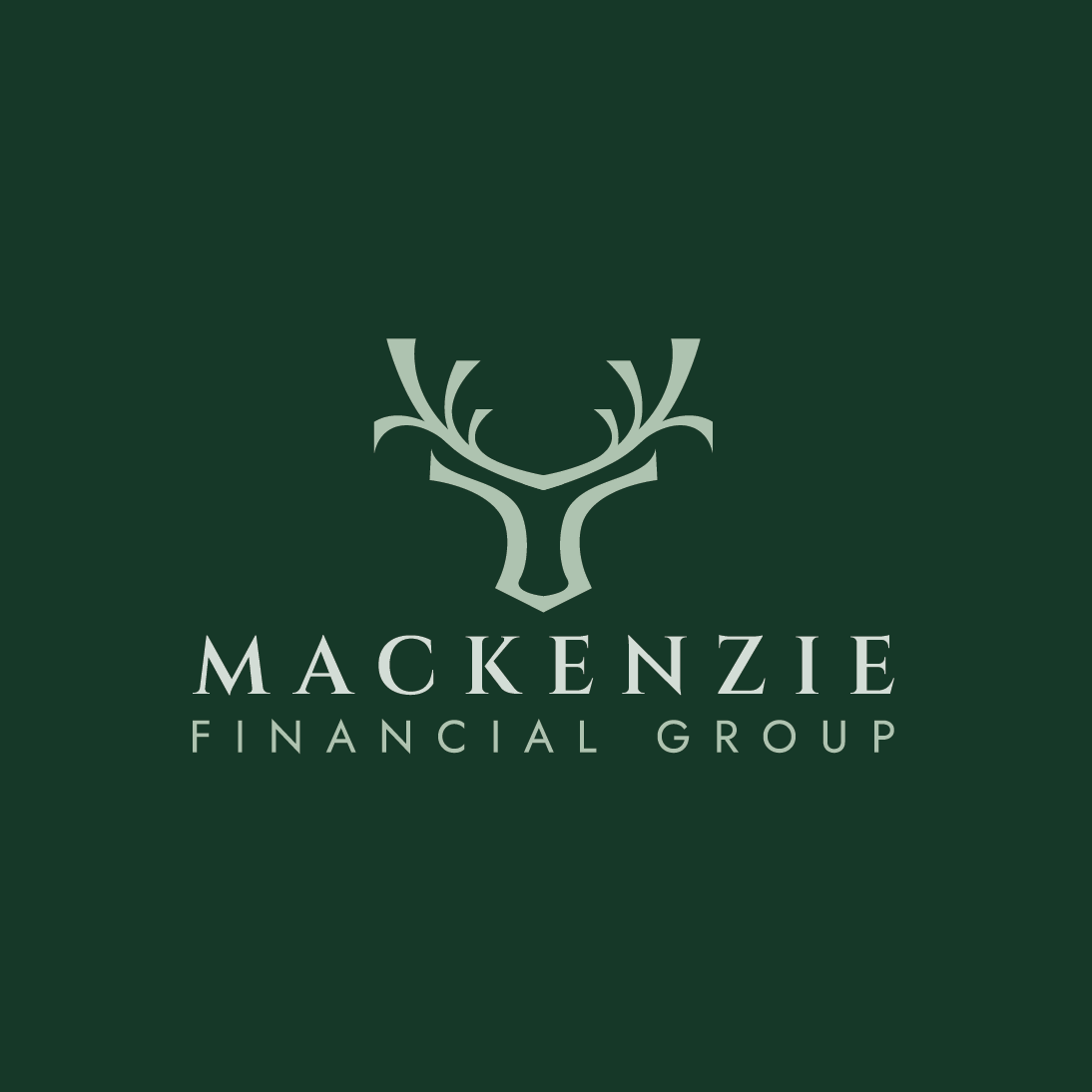 Minimal deer antler emblem logo for Mackenzie Financial Group in sage green