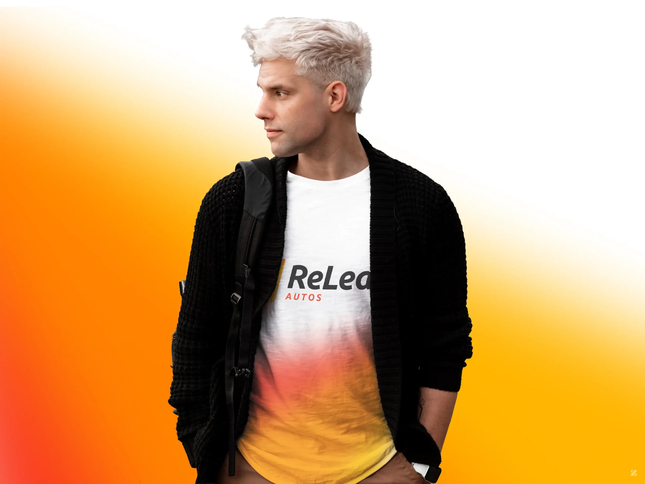 Branded gradient t-shirt mockup for ReLease Autos, brand identity by ZakDesignz