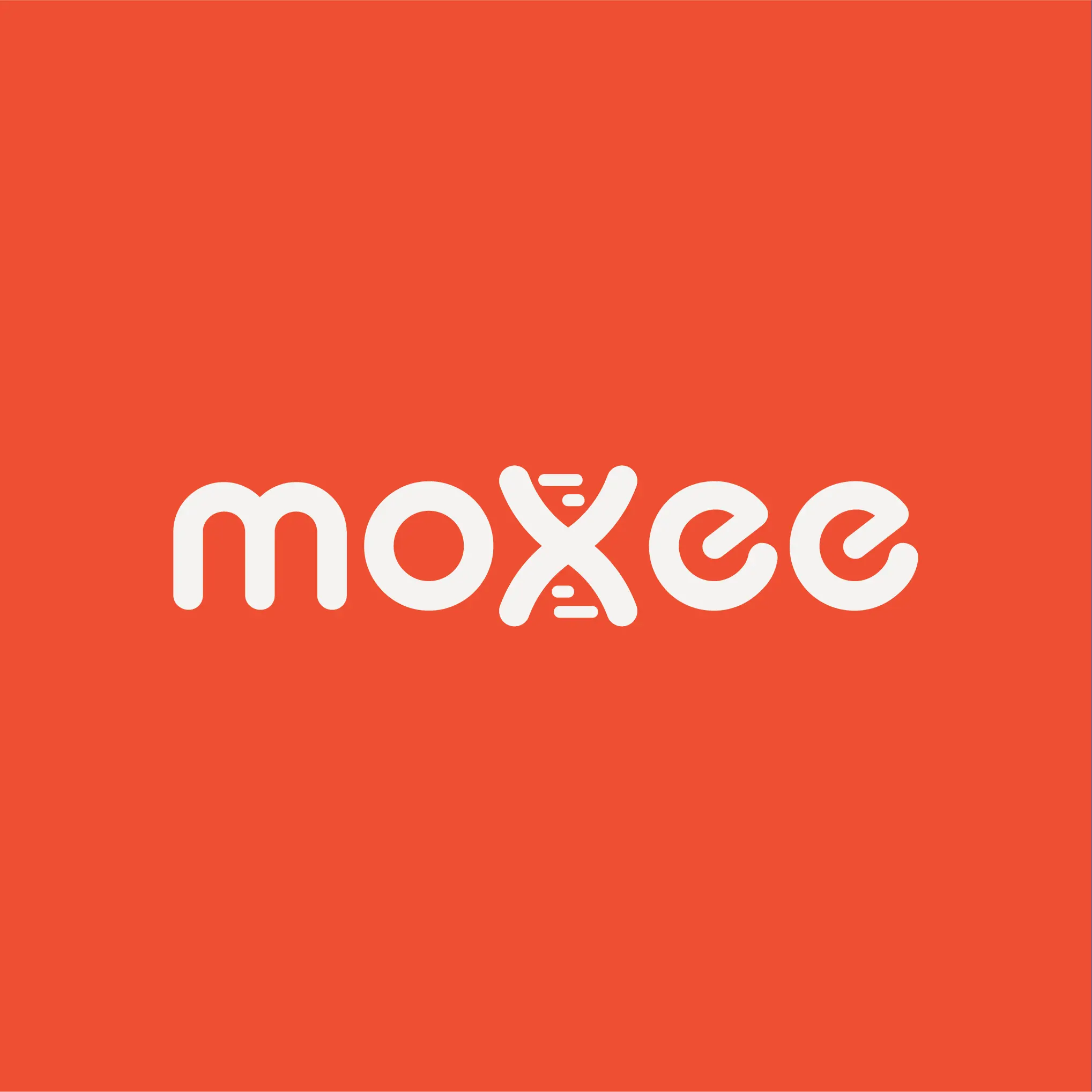 Modern minimalist logo design for Moxee — bold rounded wordmark logo in white on a vibrant orange-red background